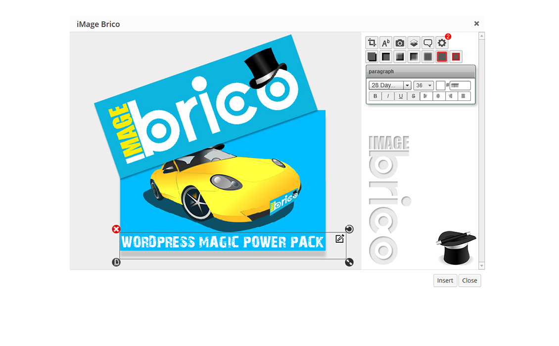 <p>iMage Brico has many tools to let you transform your images, you can resize, crop, add colored text, rotate, duplicate, 
add colored shadows, manage layers, move objects around, and much more.</p>