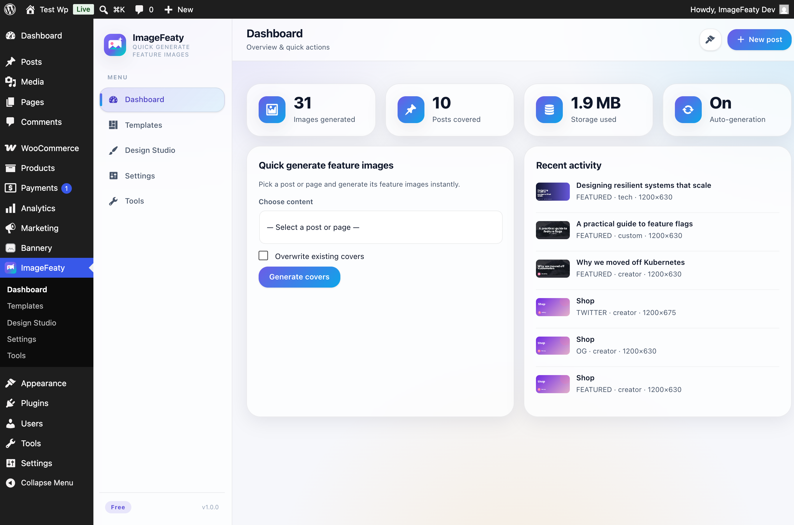 Dashboard — generation stats, setup checklist and one-click quick generate.