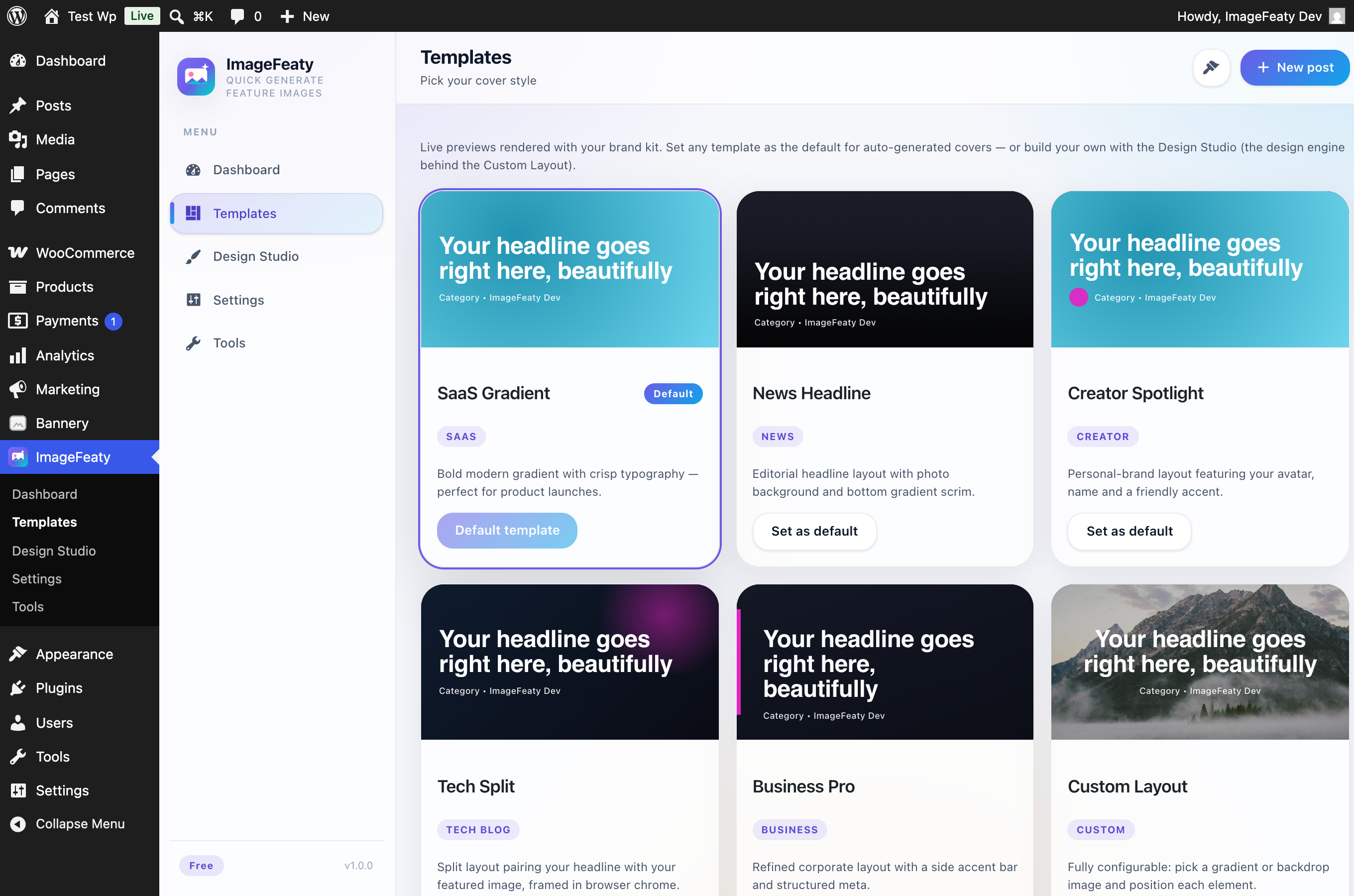 Templates — six branded packs with live in-browser previews rendered from your brand kit.