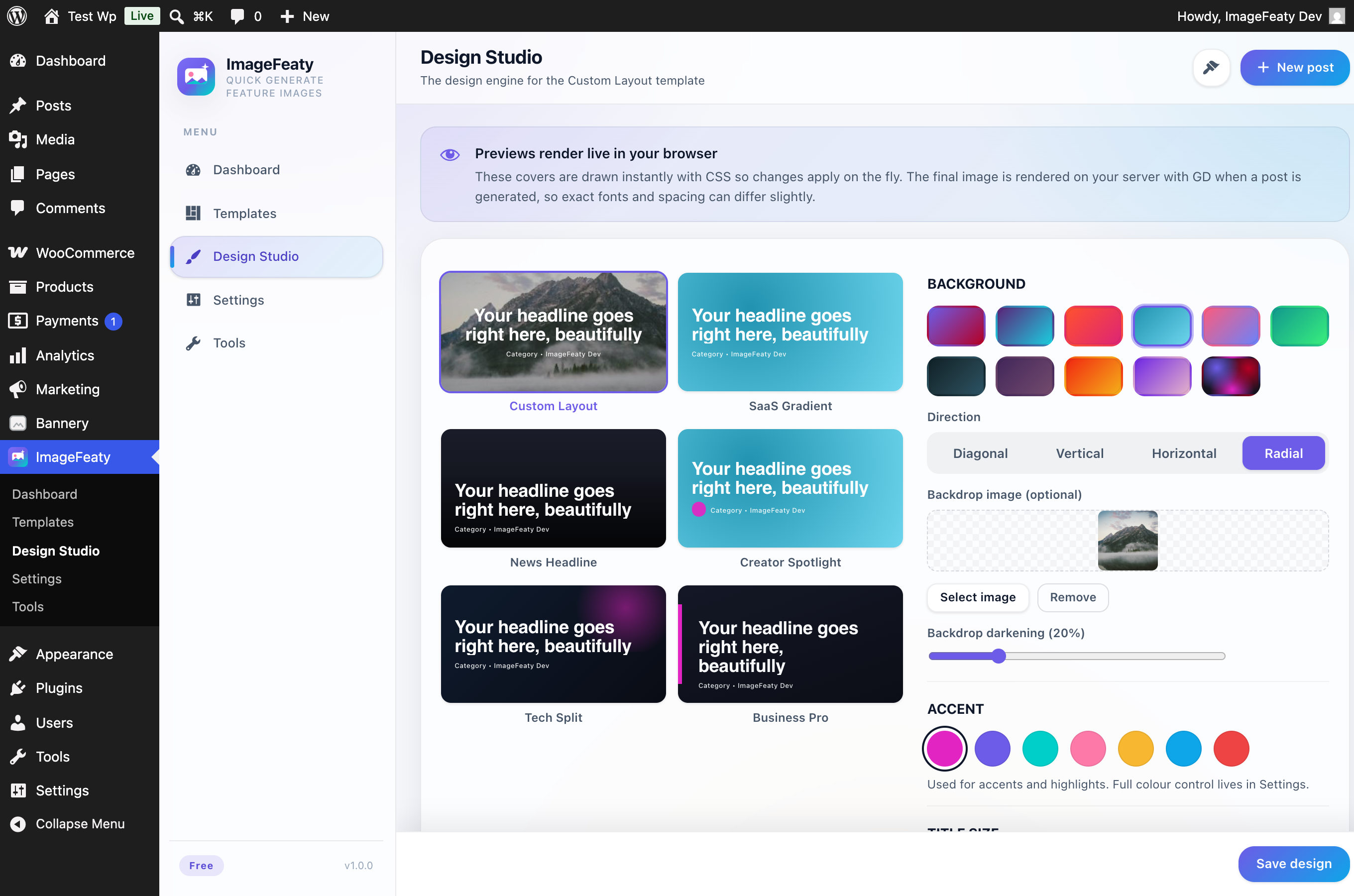 Design Studio — the design engine for the Custom Layout: gradient presets, backdrop image and per-element positioning, with every template previewed live.