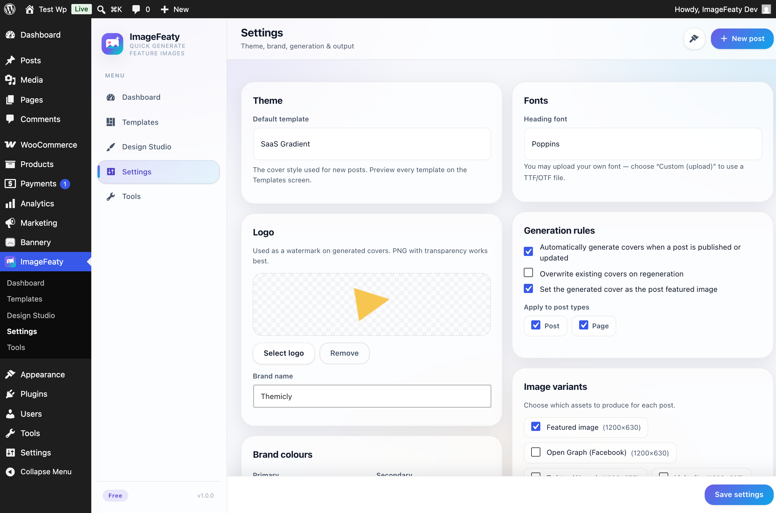 Settings — brand logo, colours and fonts, plus generation rules, image variants and output options.