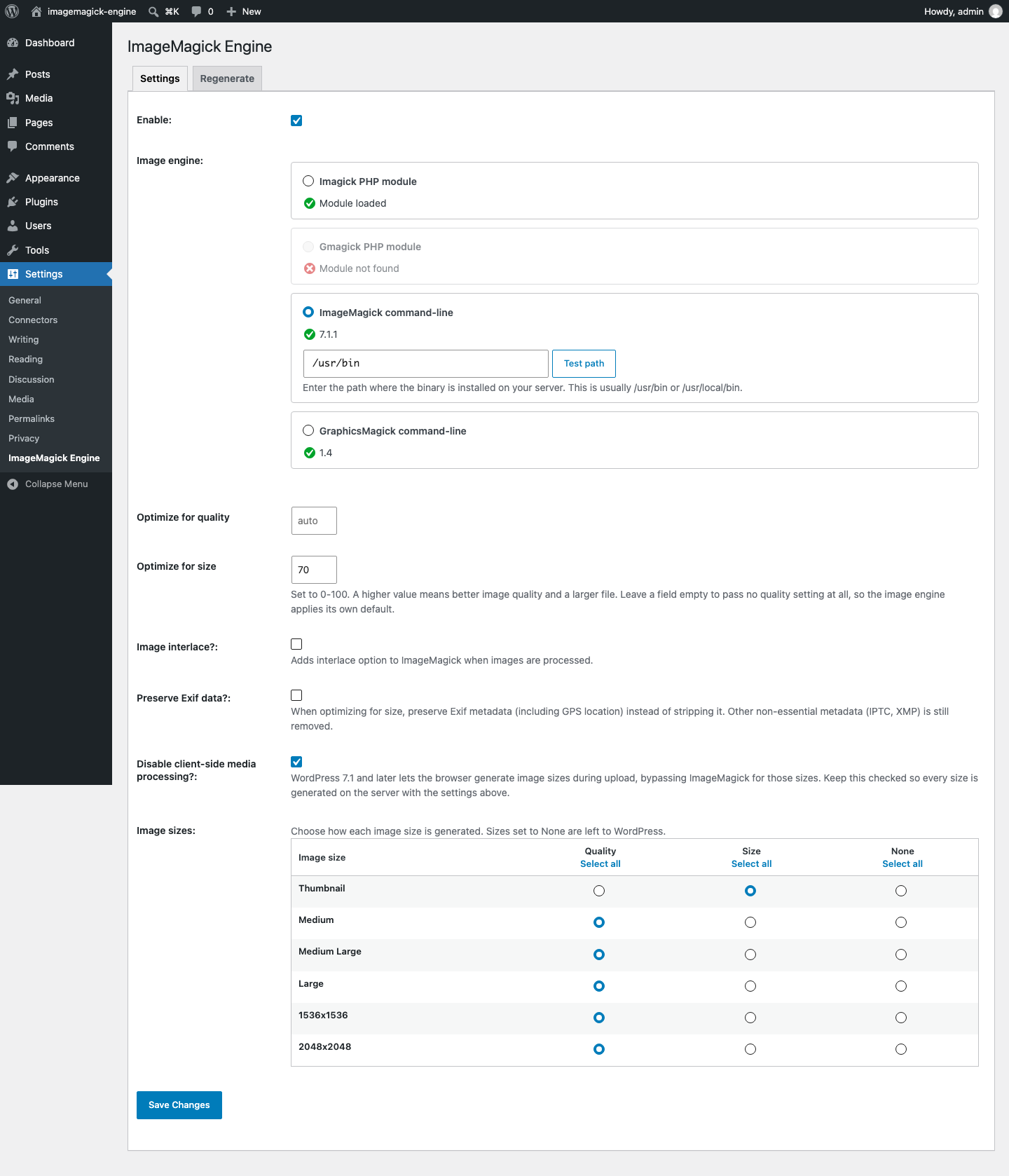 Settings: choose an image engine, see which ones your server actually has, and set how each image size is generated.