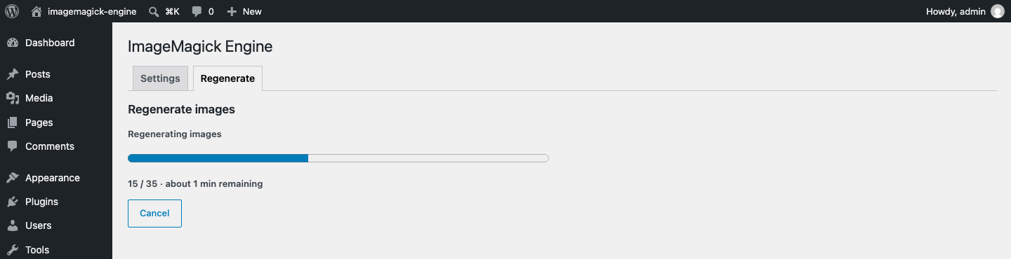 Regenerating existing images in adaptive batches, with progress, a time estimate and a cancel button.