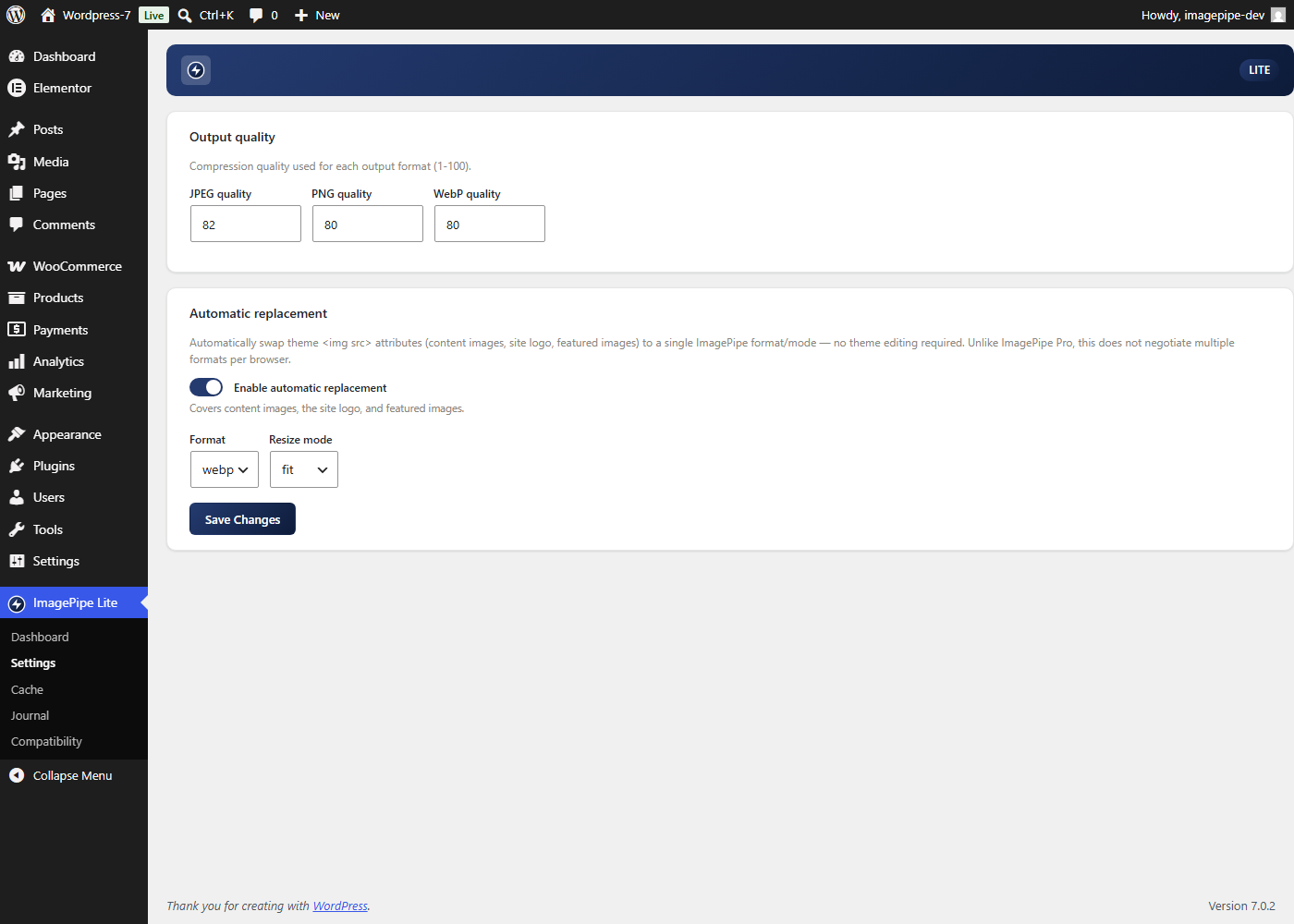 Settings: per-format output quality and automatic replacement
(format/resize mode).