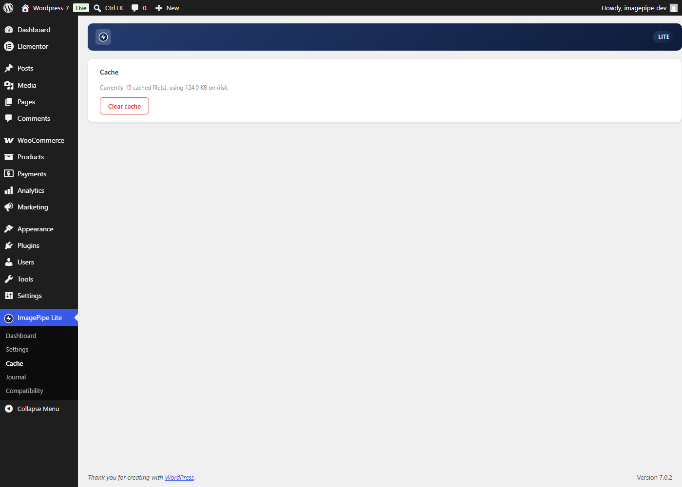 Cache: current cache size and a one-click "Clear cache" button.