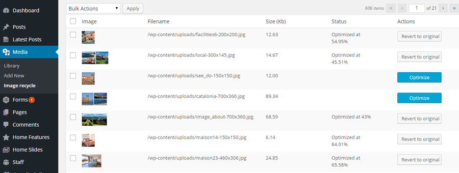 Media optimization dashboard automatic optimization and one click restore