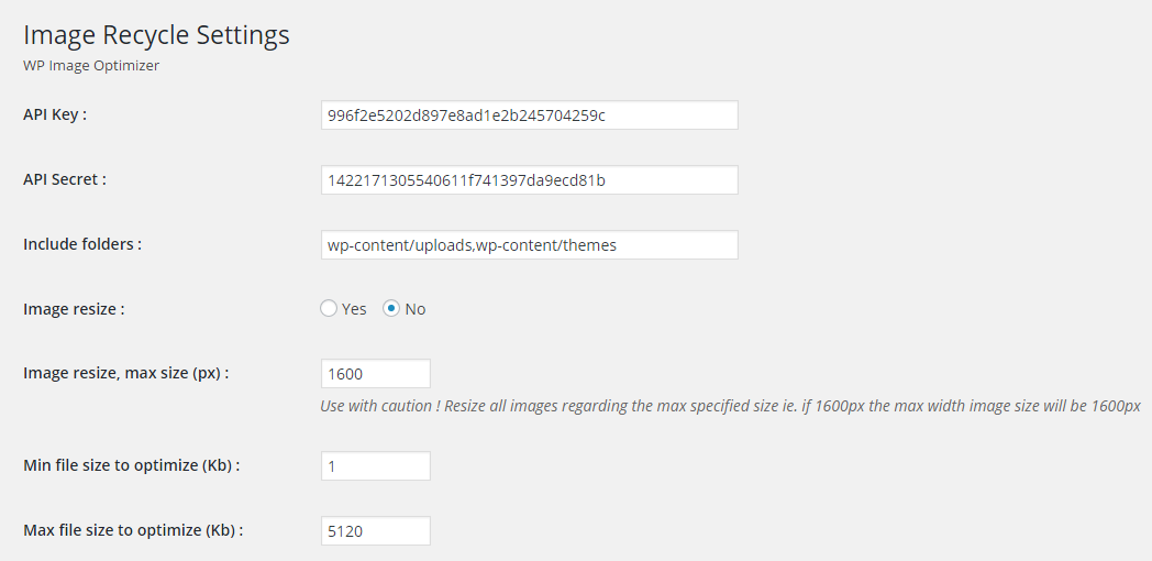 Credentials, folder to optimize, image resizing and optimization file size