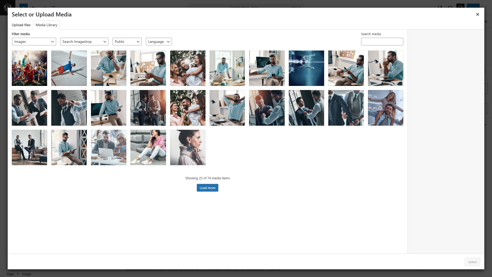 The default WordPress media library, extended with Imageshop and showing results form your image bank.