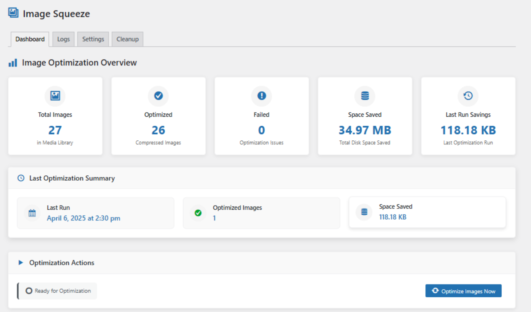 Dashboard Overview – See total image count, savings, and optimization stats at a glance.
(screenshot-1.png)