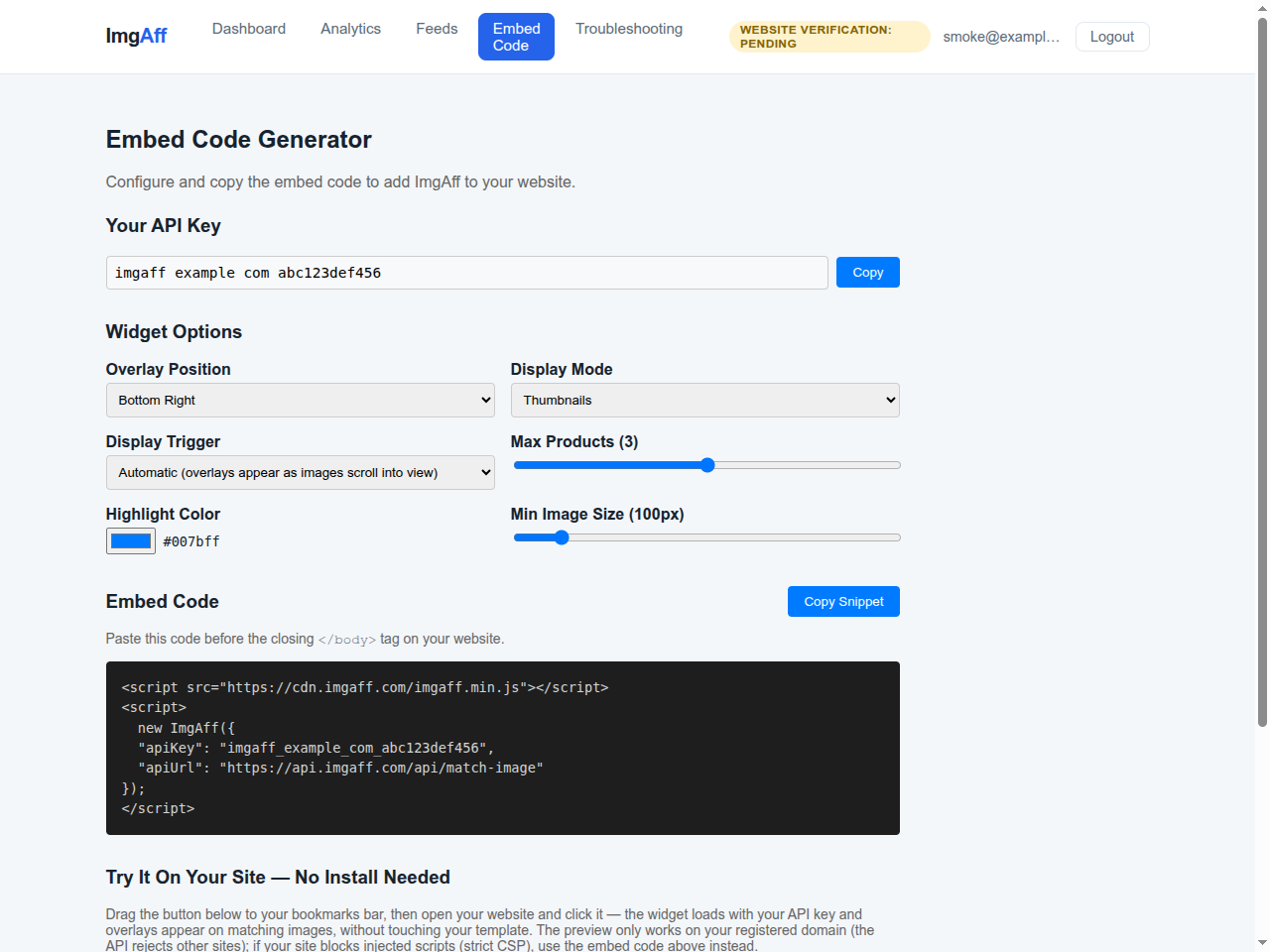 The API key and manual installation tools in the ImgAff portal.