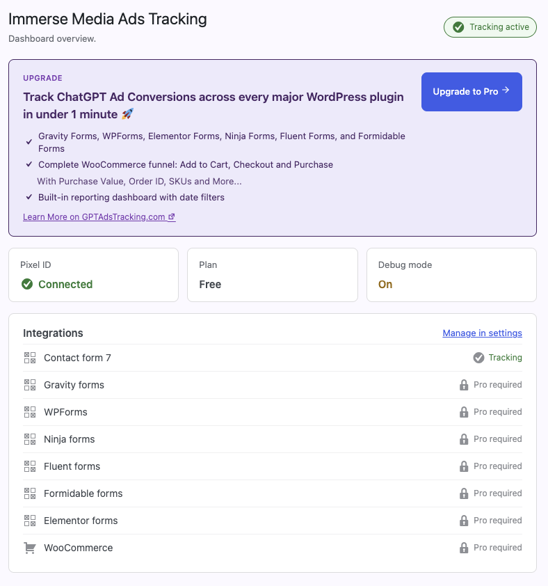 Dashboard overview showing tracking status.