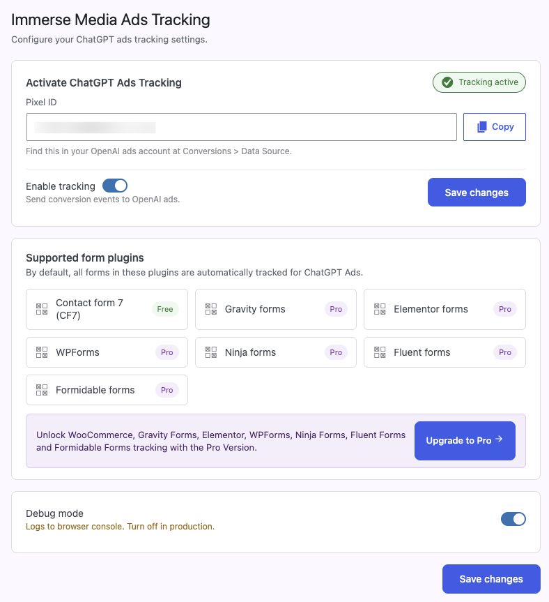 Settings page for connecting your Pixel ID.