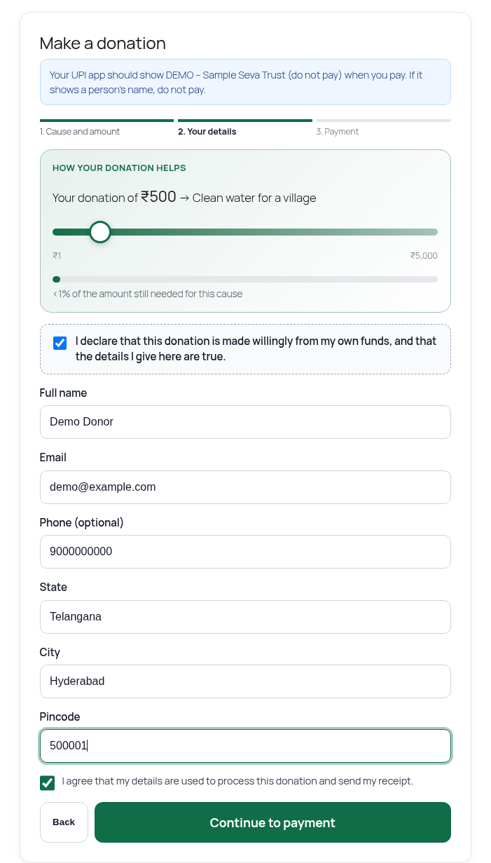 Donor details form with the declaration and consent boxes (sample data).