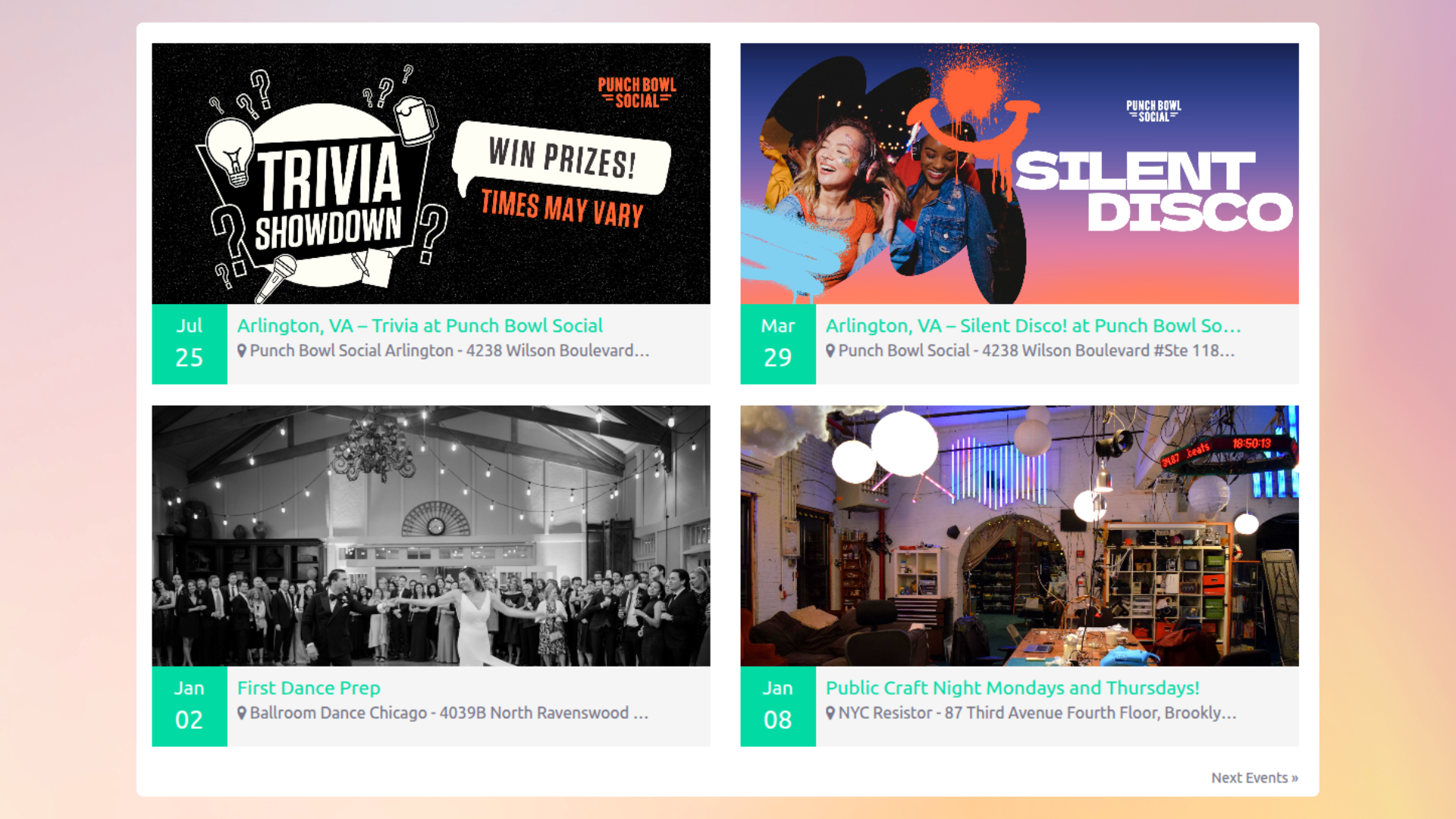 <strong>Display events with Shortcode Layout Style 1</strong> — Elegant grid layout to showcase your events neatly using the first style shortcode.