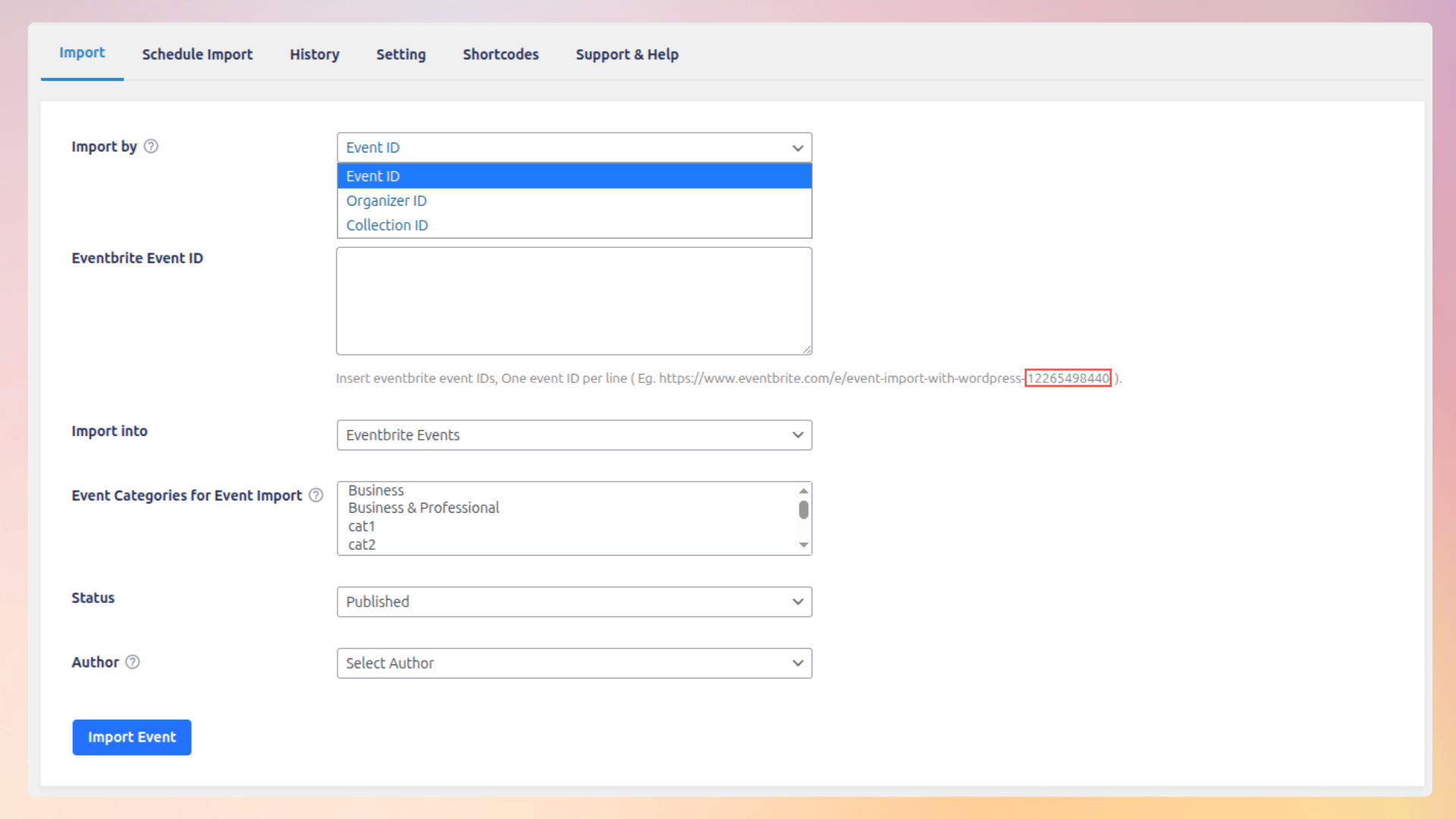 <strong>Import event by ID</strong> — Easily import a specific Meetup event by its unique ID in one click.