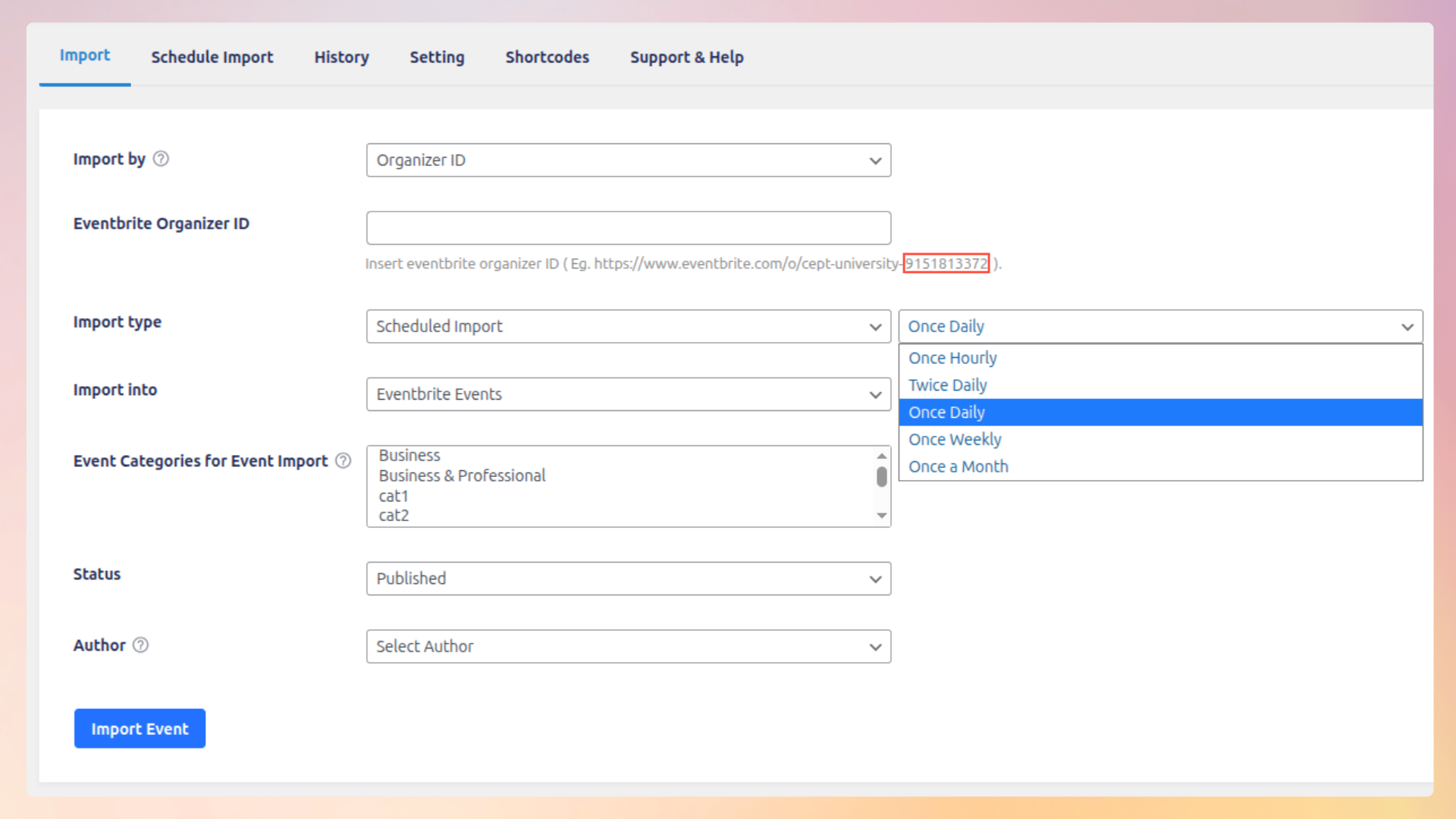 <strong>Import event by Organizer ID</strong> — Import all events from a Eventbrite Organizer quickly using the Organizer's ID.