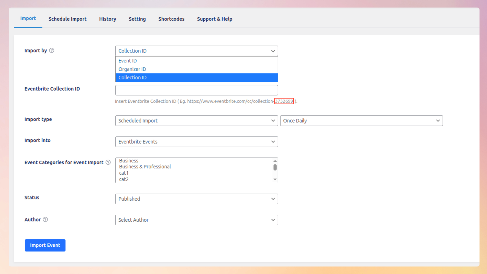 <strong>Import events by Collection ID</strong> — Import all events from a Eventbrite Collection quickly using the Collection's ID.