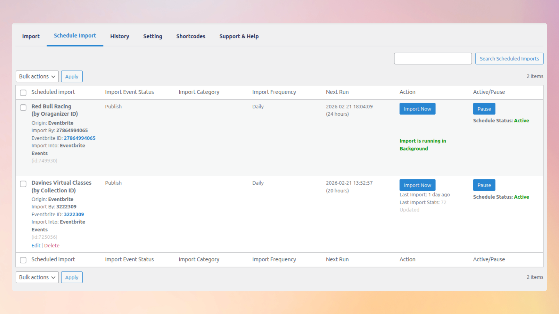 <strong>Schedule Import</strong> — Automatically run event imports at scheduled intervals, ensuring your events stay updated without manual effort.