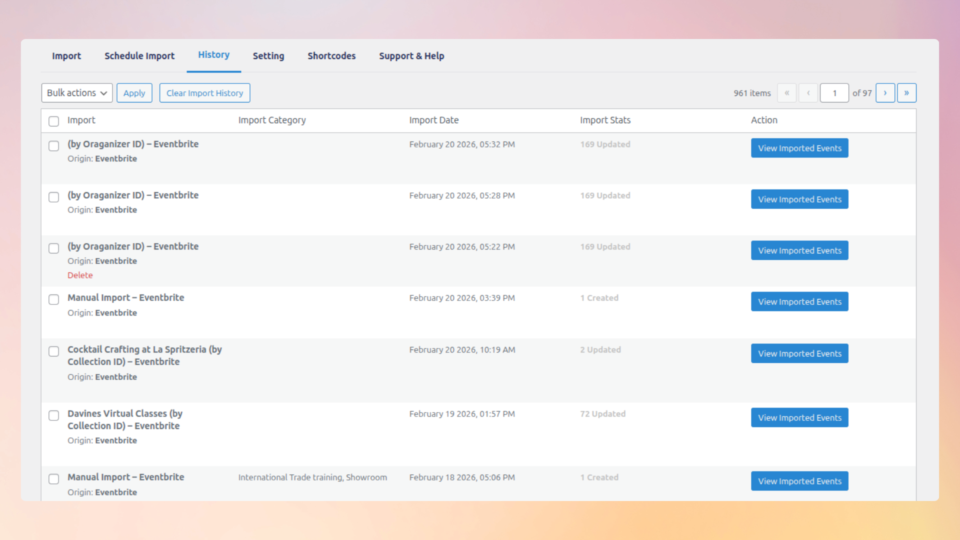 <strong>Import history logs</strong> — Keep track of all past imports, including successes, failures, and scheduled imports.