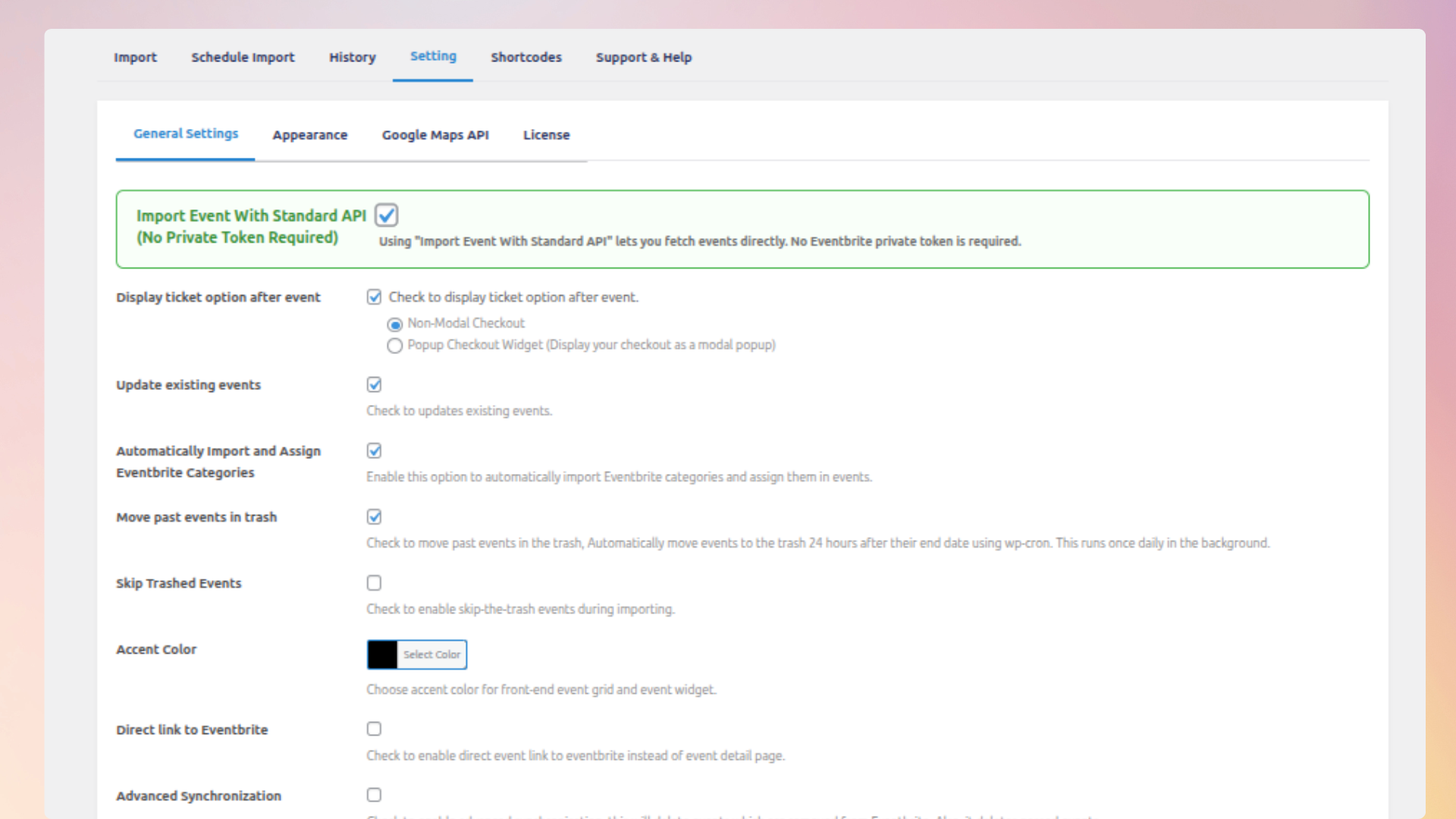 <strong>Plugin Settings Dashboard</strong> — Central control panel to configure your Meetup API key, import settings, and display options.