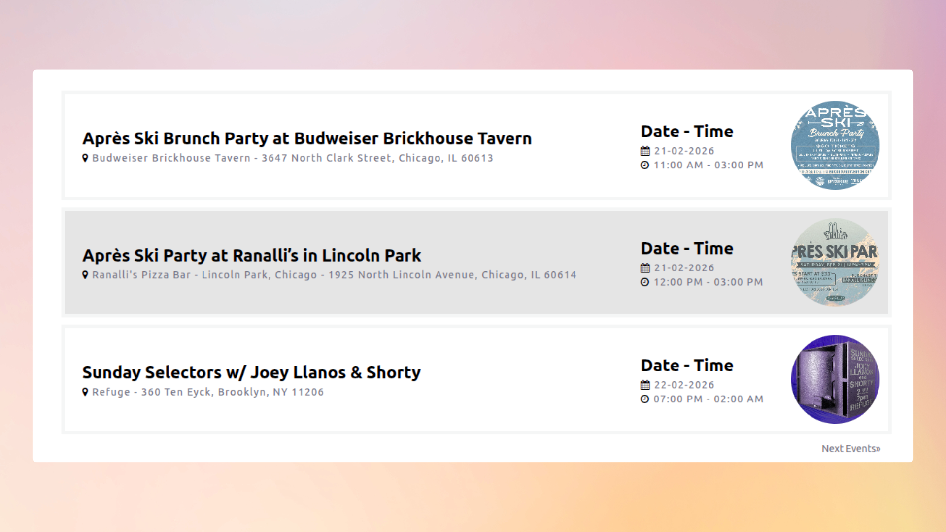 <strong>Display events with Shortcode Layout Style 4</strong> — Full-width event display with detailed info (Pro version).