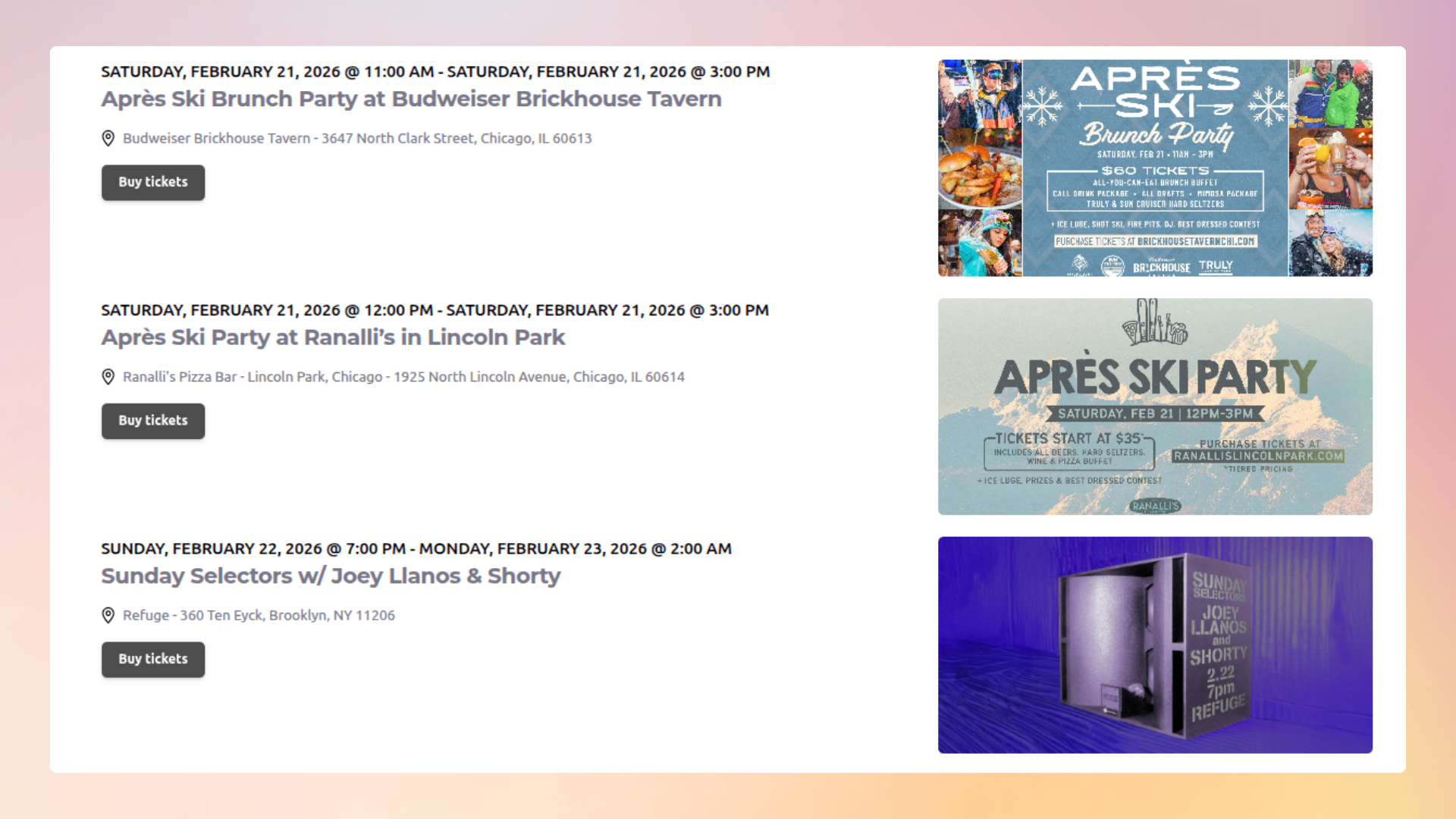 <strong>Display events with Shortcode Layout Style 5</strong> — Full-width event display with detailed info (Pro version).