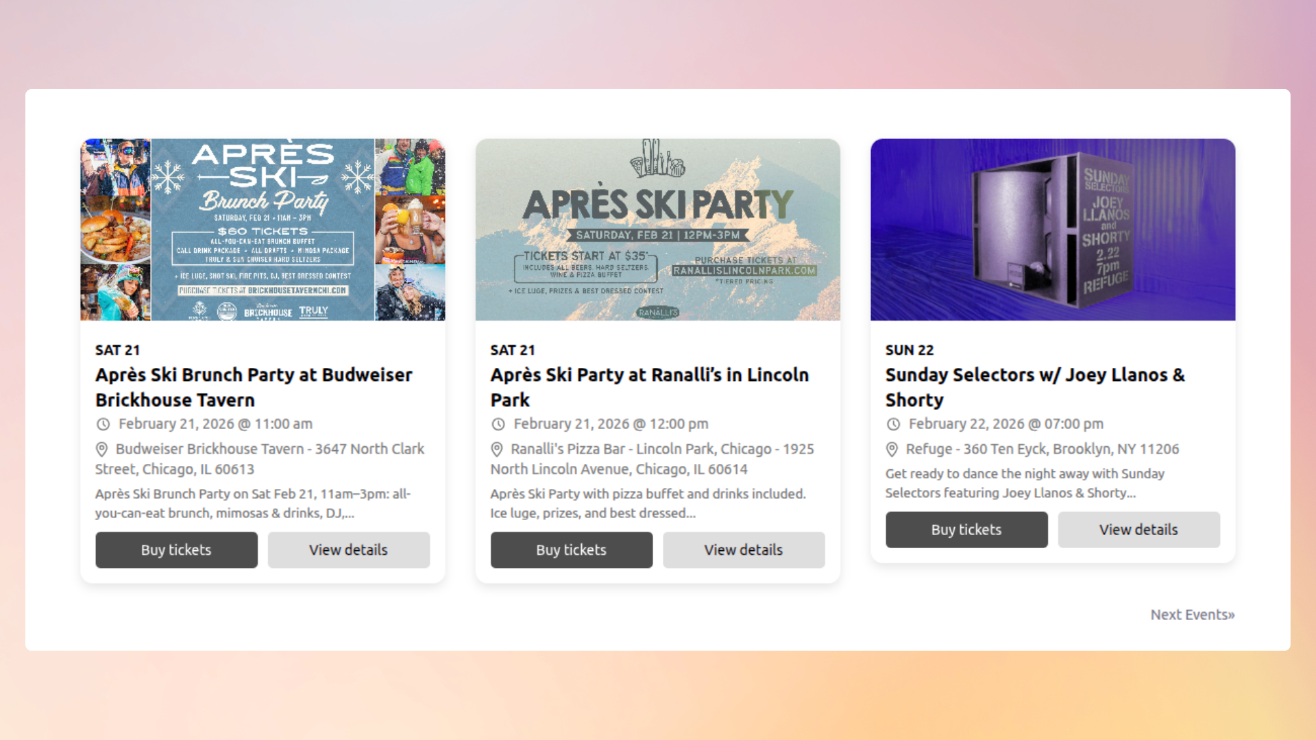 <strong>Display events with Shortcode Layout Style 6</strong> — Full-width event display with detailed info (Pro version).
