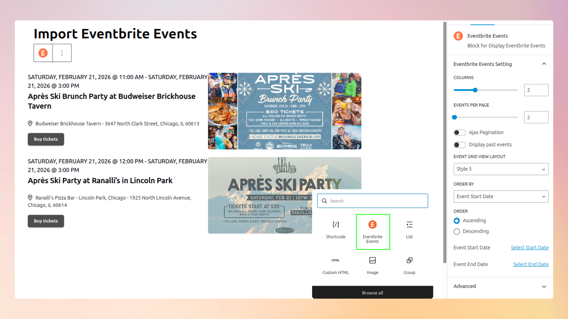 <strong>Display events using the Gutenberg Block for WP Events</strong> — Drag and drop your events directly into posts and pages using Gutenberg (Pro version).