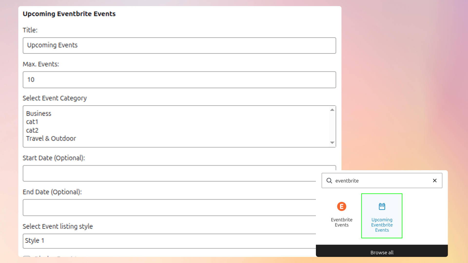 <strong>Upcoming WP Events Widget in backend (Pro)</strong> — Manage and preview upcoming events in your WordPress widget panel.