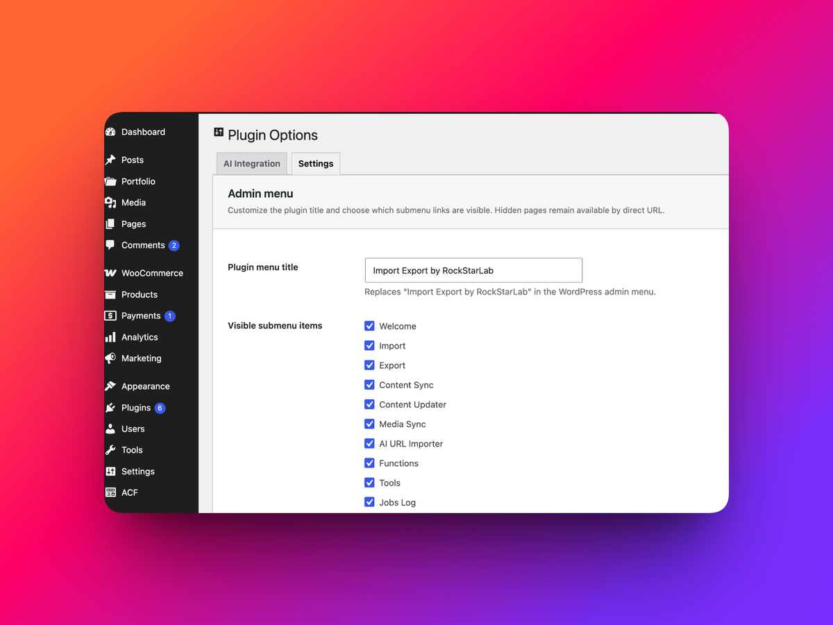 Plugin options page