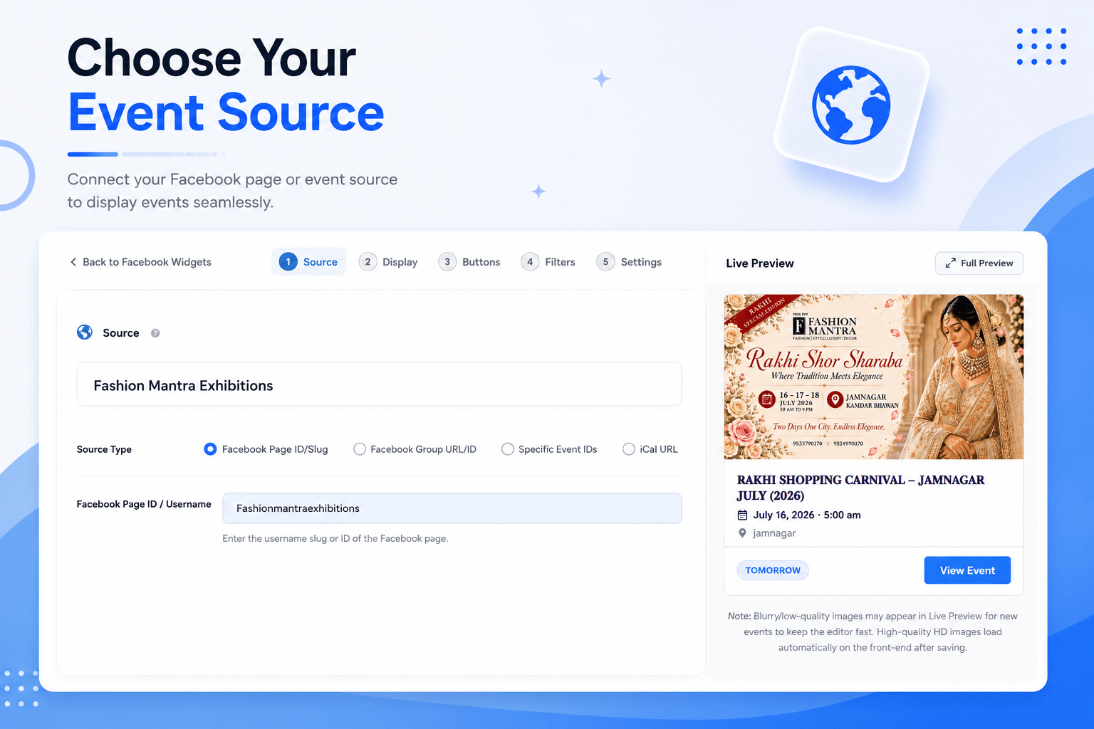 Multiple Sources (Pro) – Fetch events seamlessly from Facebook Pages, Groups, Event IDs, or iCal links.