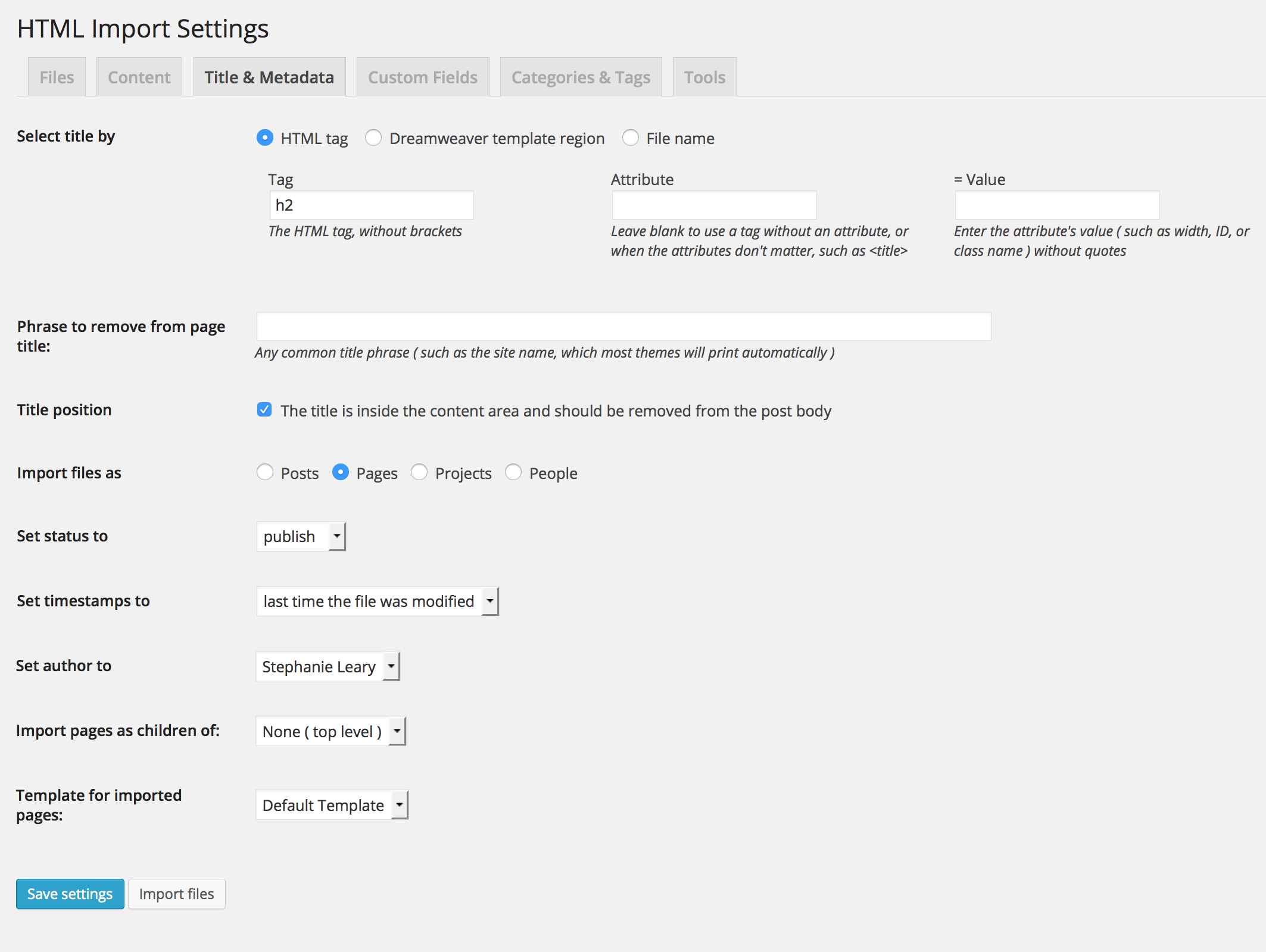 Title and metadata settings