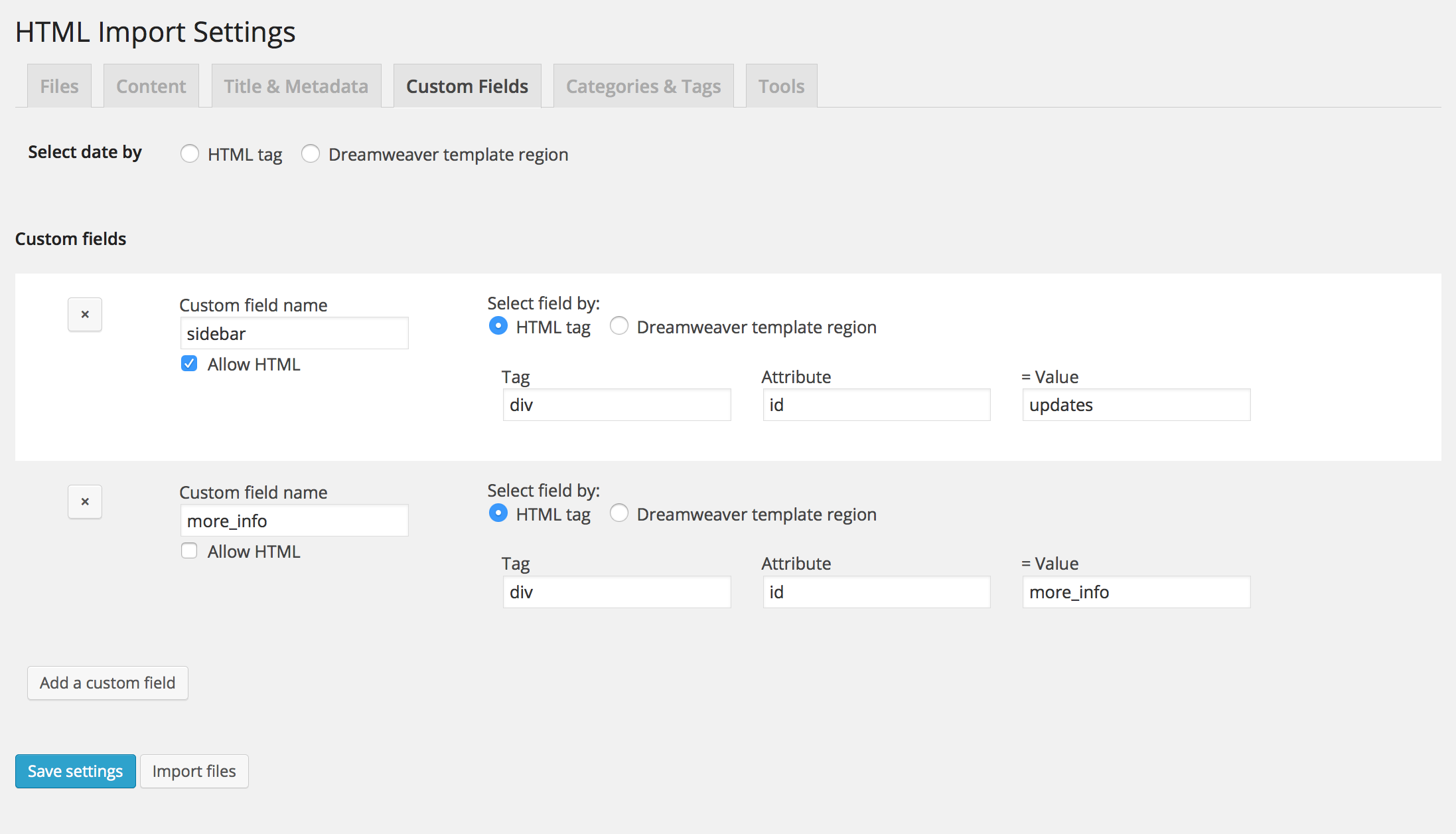 Custom field settings