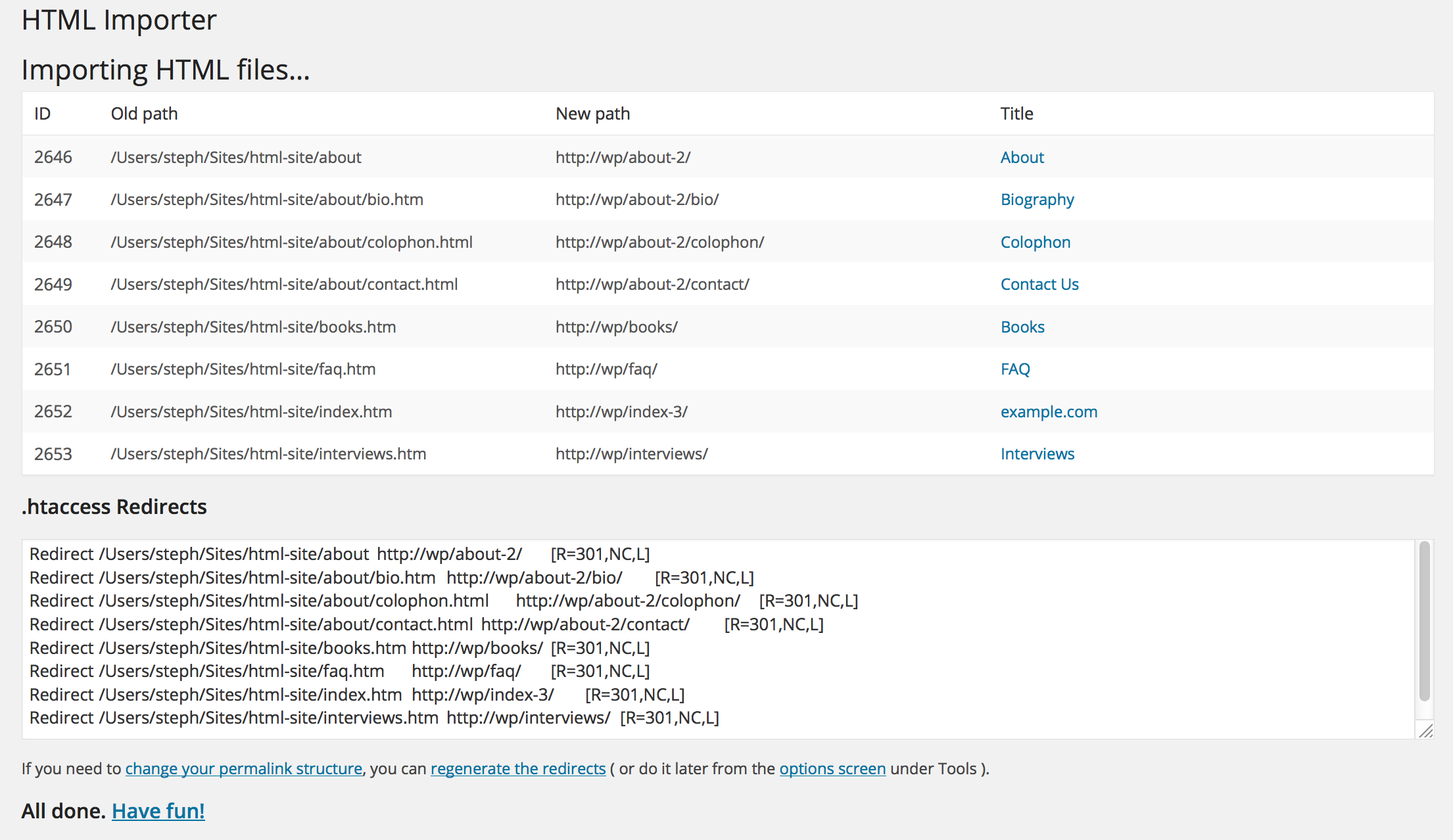 Completed import: pages, rewrite rules, and images