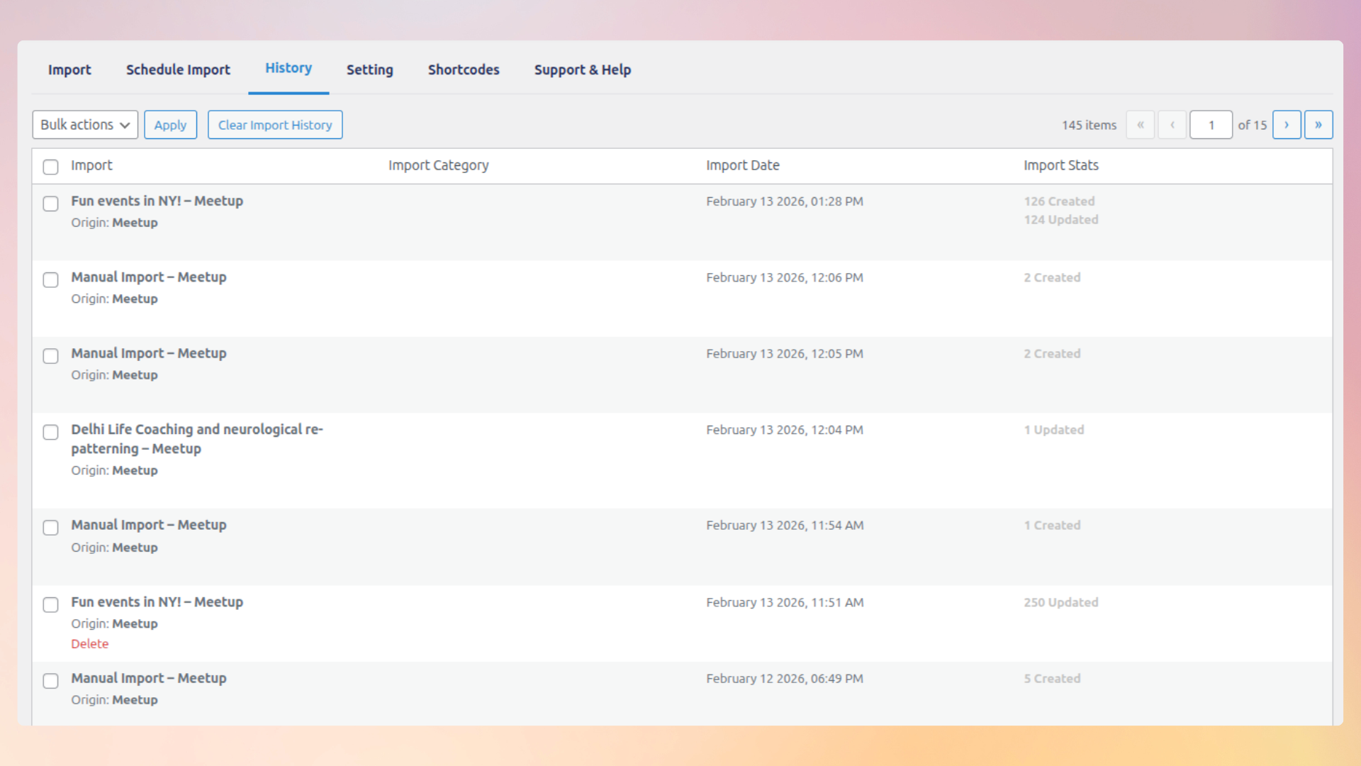 <strong>Import history logs</strong> — Keep track of all past imports, including successes, failures, and scheduled imports.