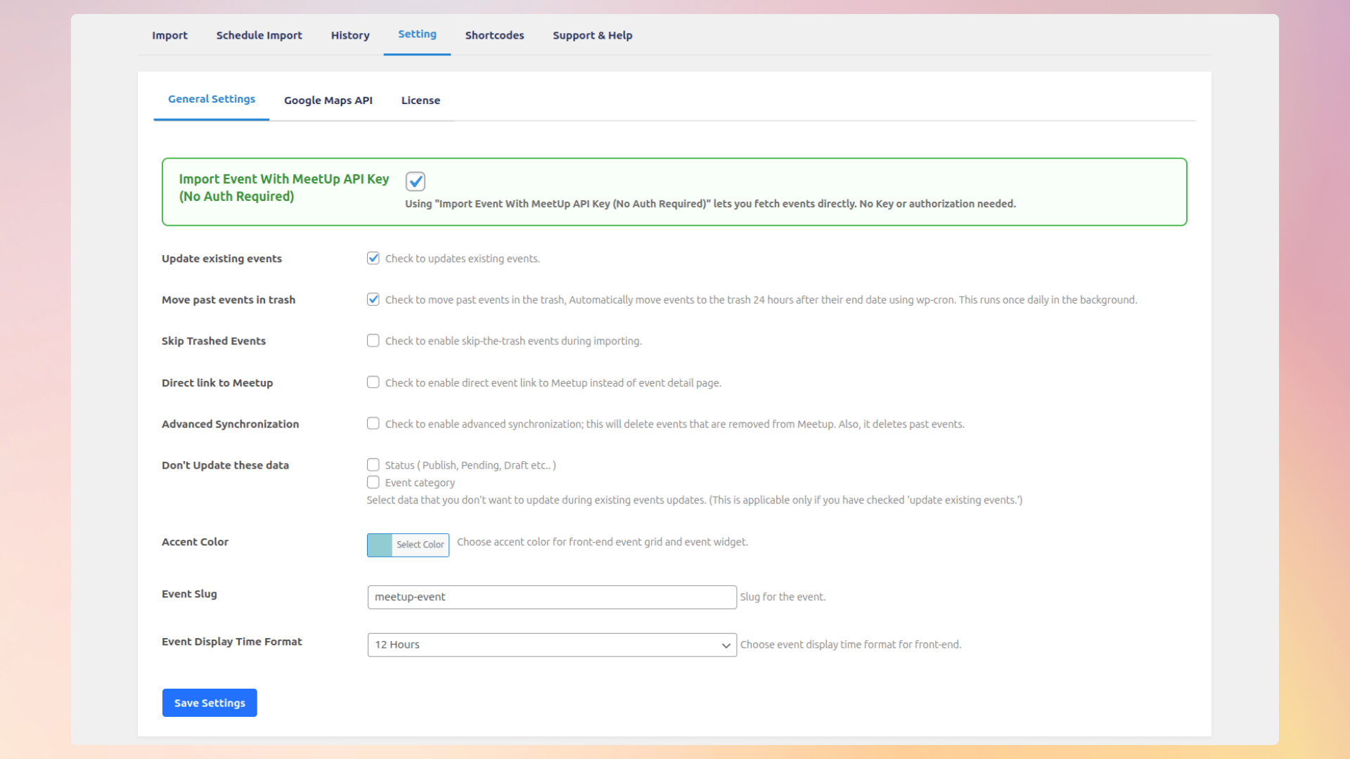 <strong>Plugin Settings Dashboard</strong> — Central control panel to configure your Meetup API key, import settings, and display options.