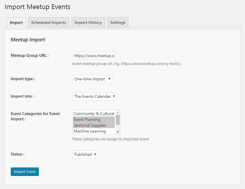 Meetup Import Screen for Events Manager1. Events page using '[meetup_events posts_per_page="12"]' shortcode