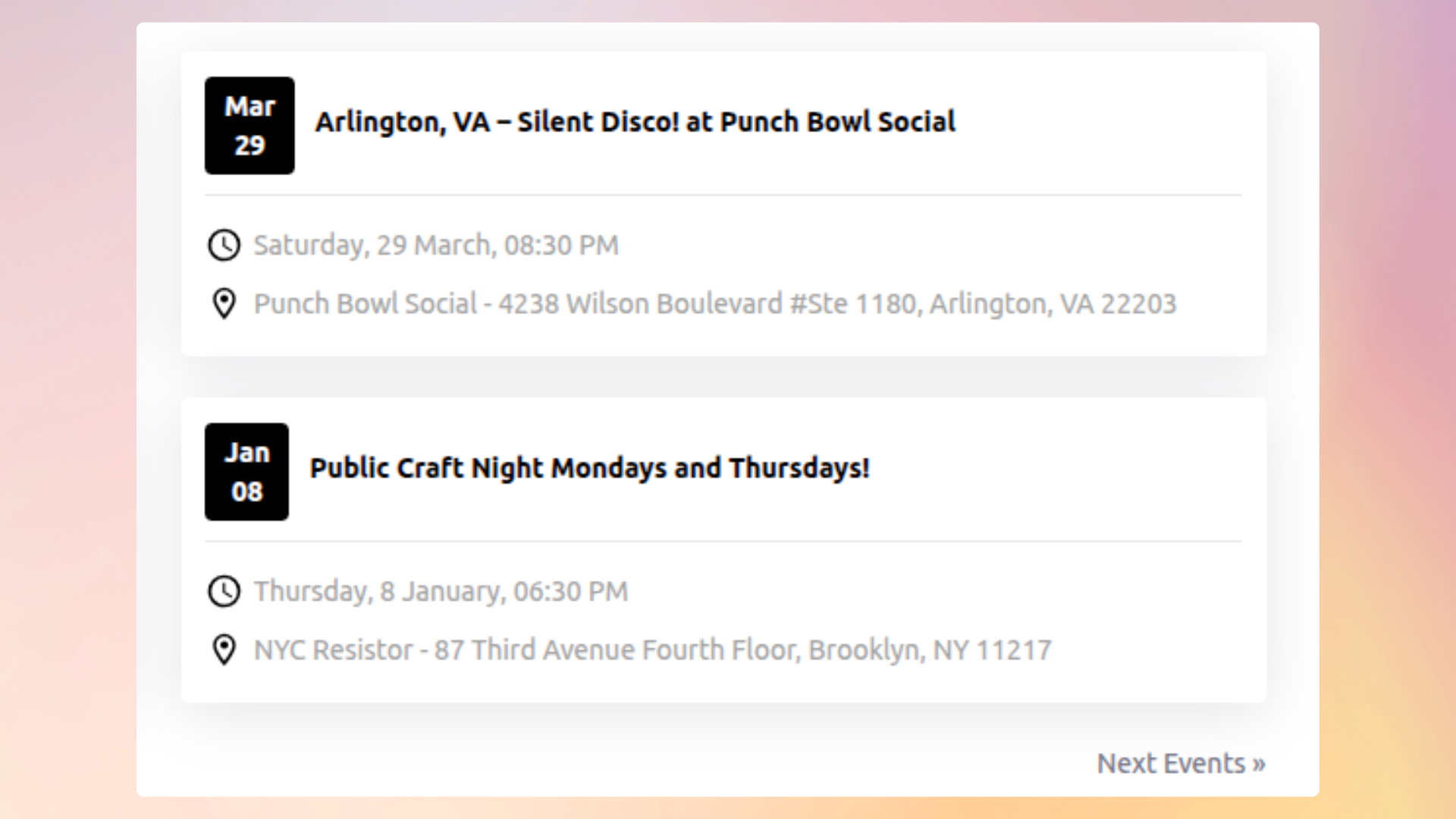 <strong>Display events with Shortcode Layout Style 3</strong> — Clean and compact grid layout for events (Pro version).