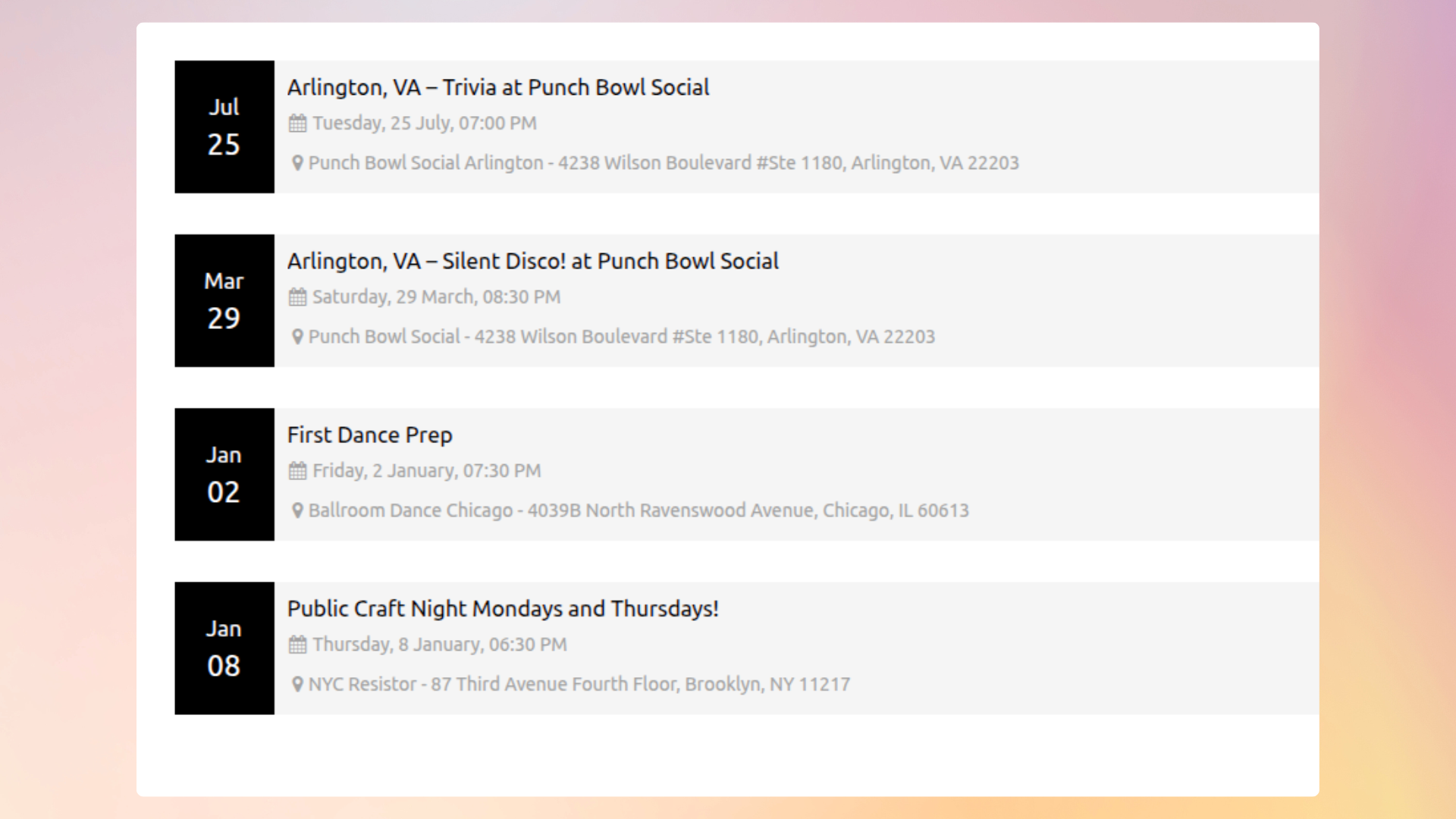 <strong>Display events with Shortcode Layout Style 4</strong> — Full-width event display with detailed info (Pro version).