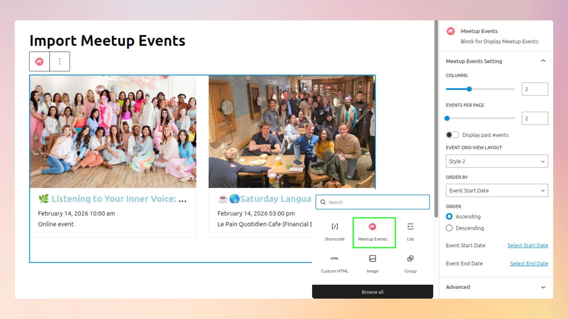 <strong>Display events using the Gutenberg Block for WP Events</strong> — Drag and drop your events directly into posts and pages using Gutenberg (Pro version).