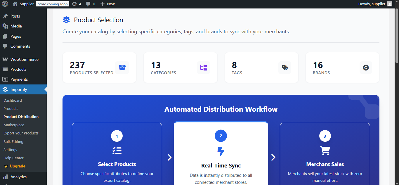 Product Distribution - Filter products by category, brand, or tag, sync once, and let the automation handle the rest.
