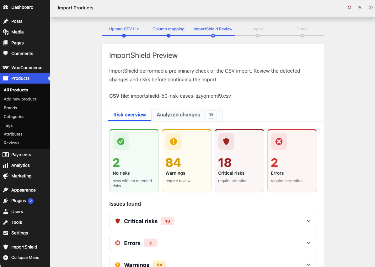 Review summary counts for safe rows, warnings, critical risks, and errors before the import starts.