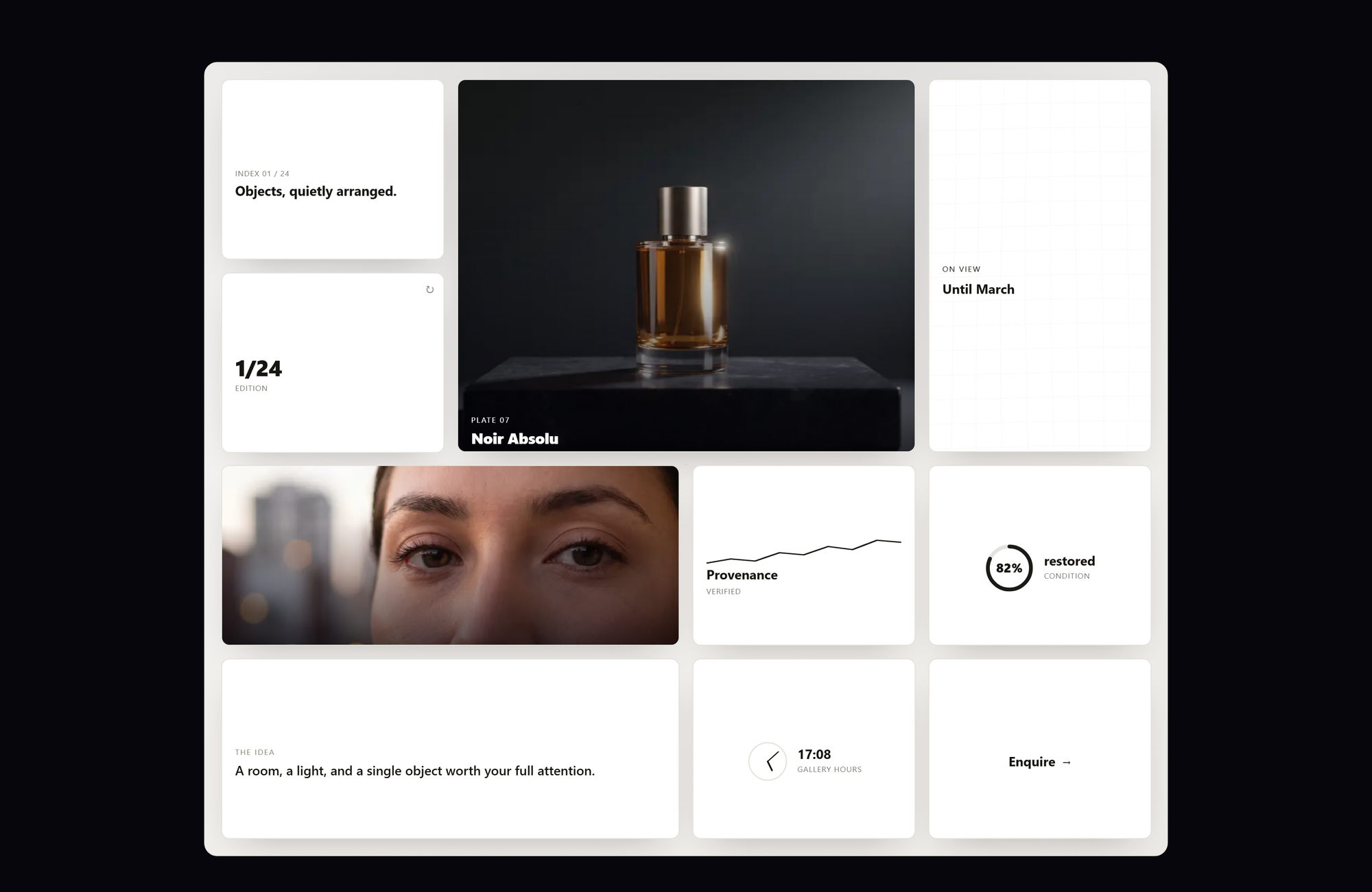 The Gallery preset: near-white museum minimal with generous spacing.