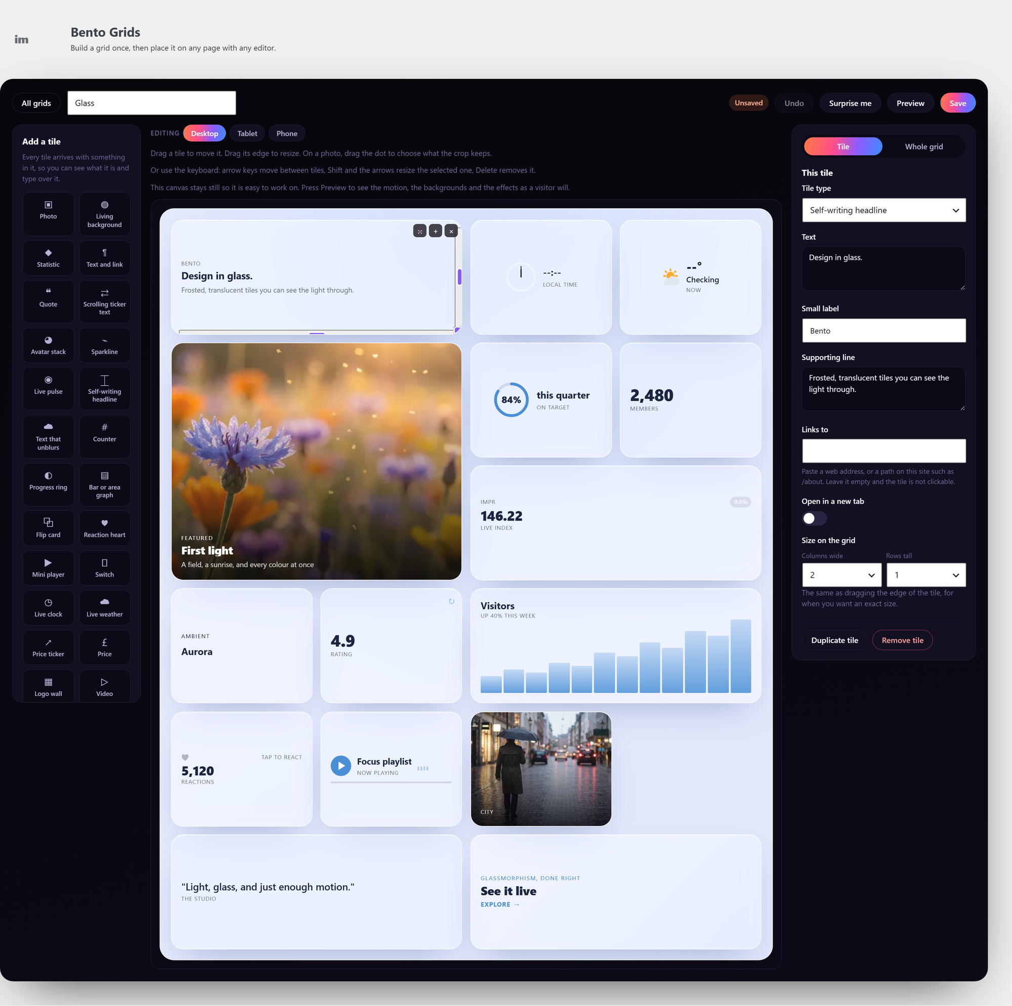 The Bento Grids screen, where a grid is built and its theme, motion and background are chosen.