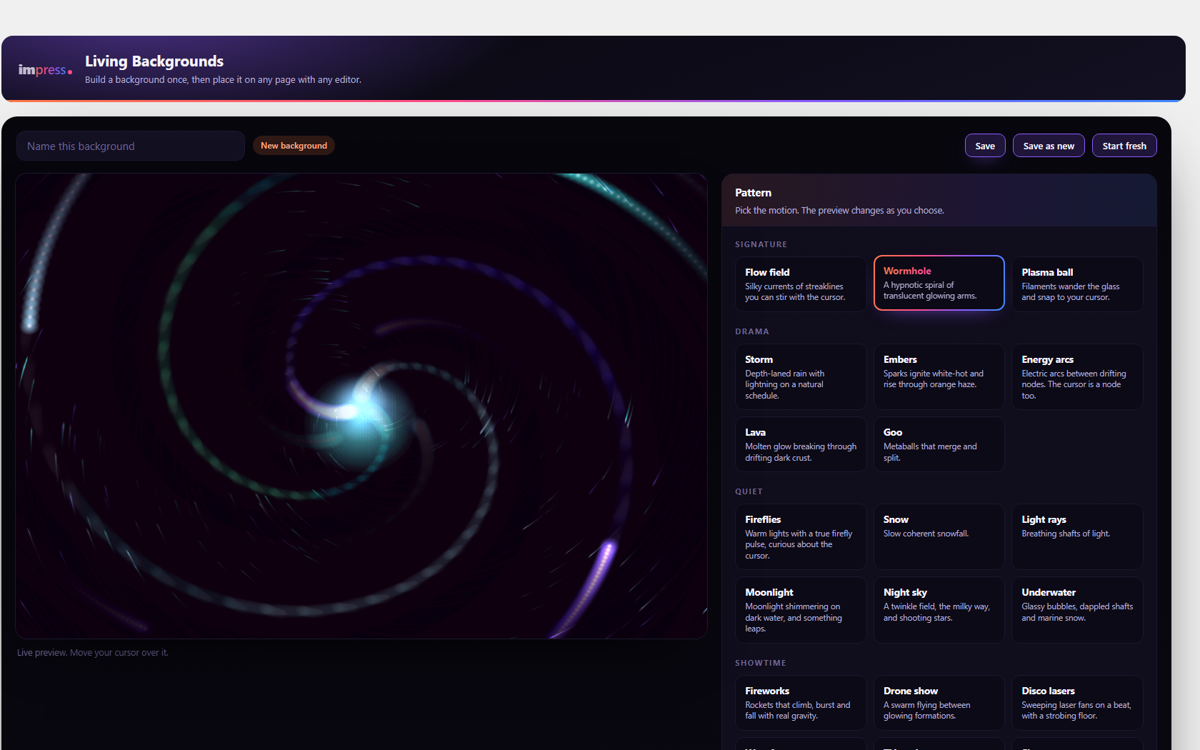 The editor: pattern cards, a live preview running the real engine, and the motion dials.