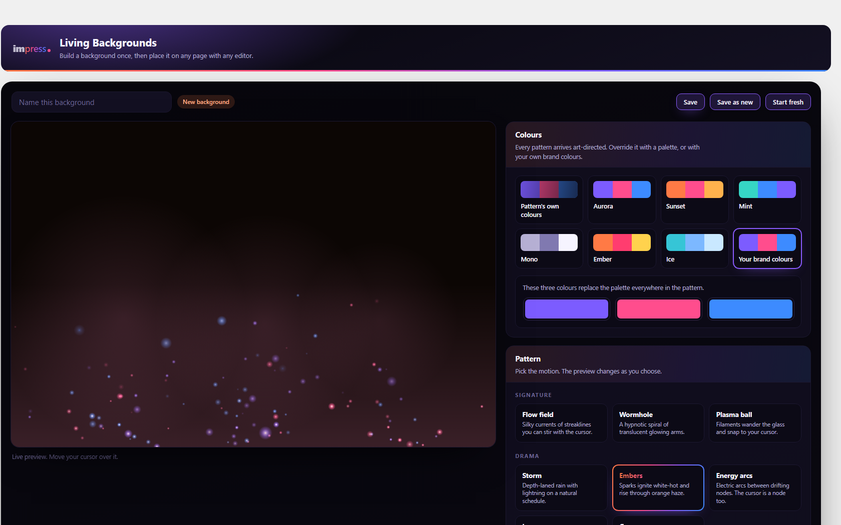 Brand colours set by hand, with the preview updating as they change.