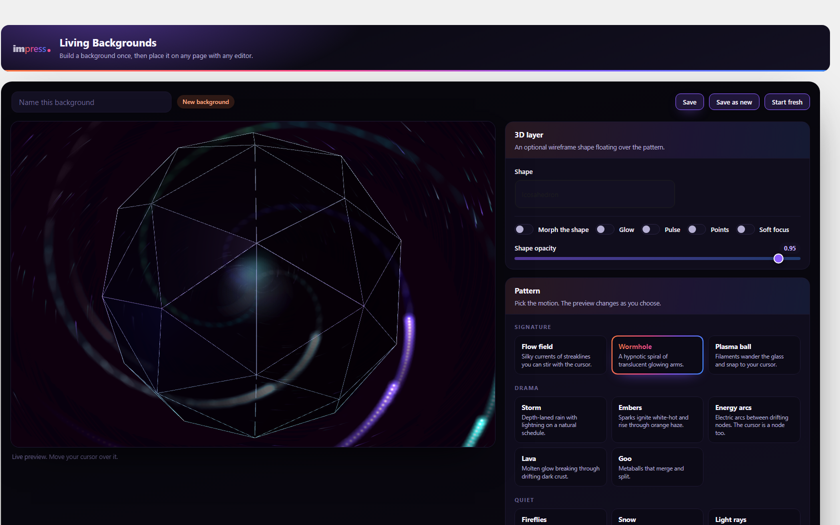 The optional 3D wireframe layer above a pattern.