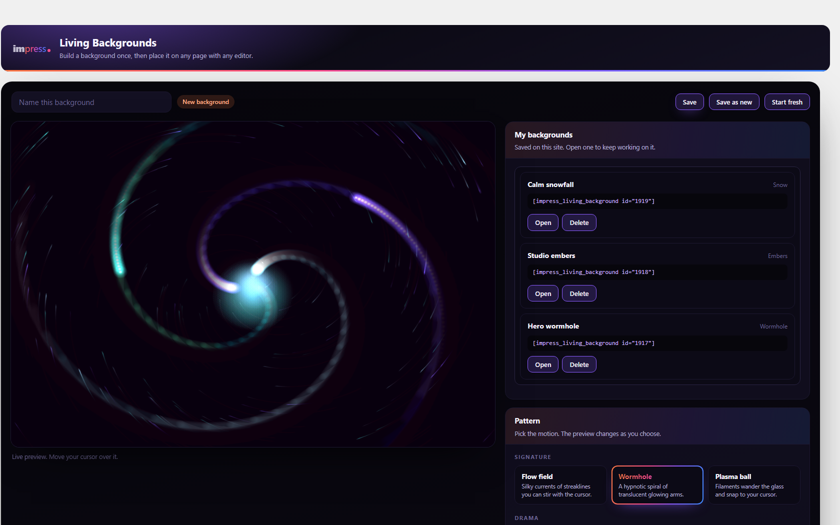 Saved backgrounds, ready to place on any page.