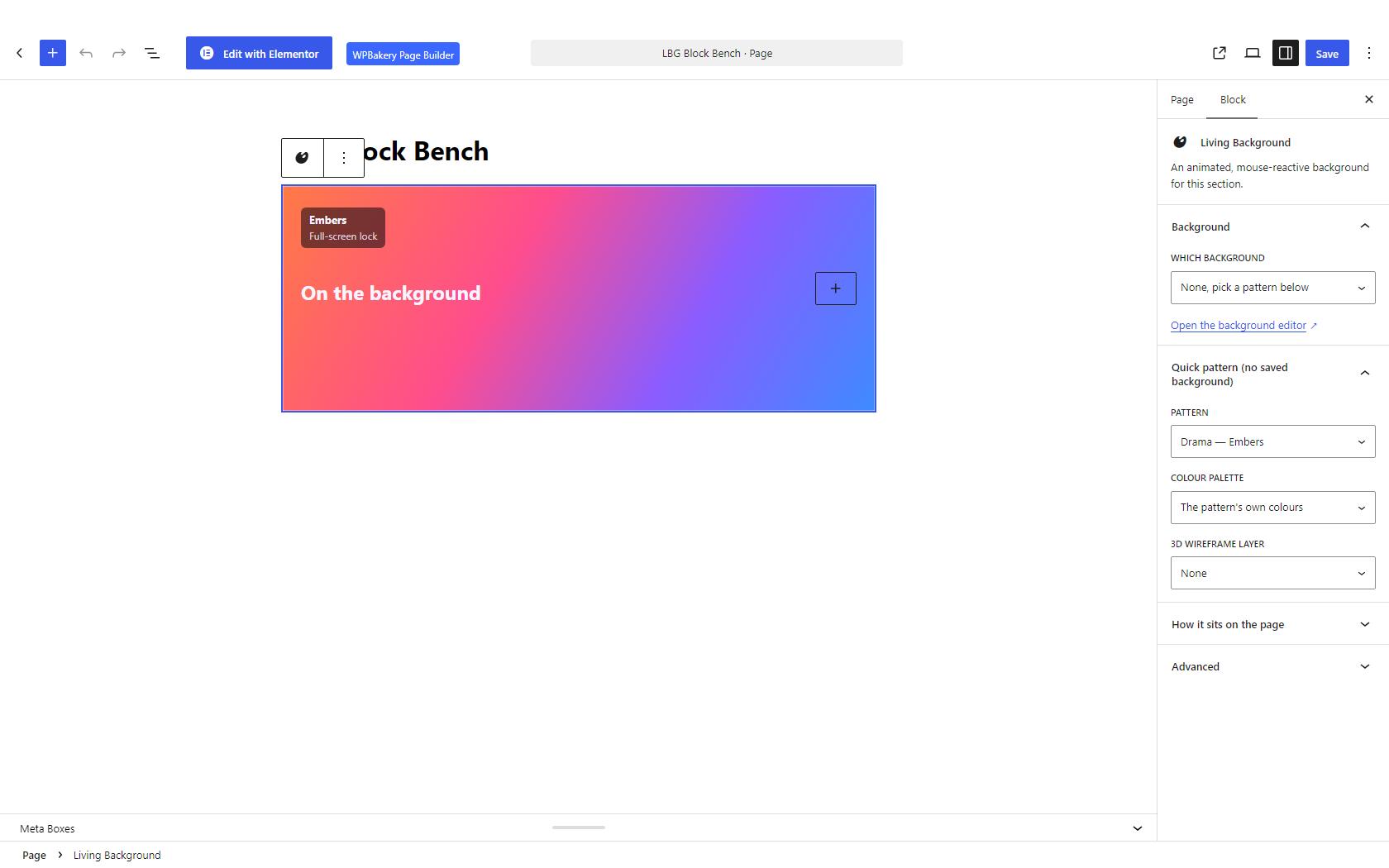 Placing a saved background with the block, in the native editor.