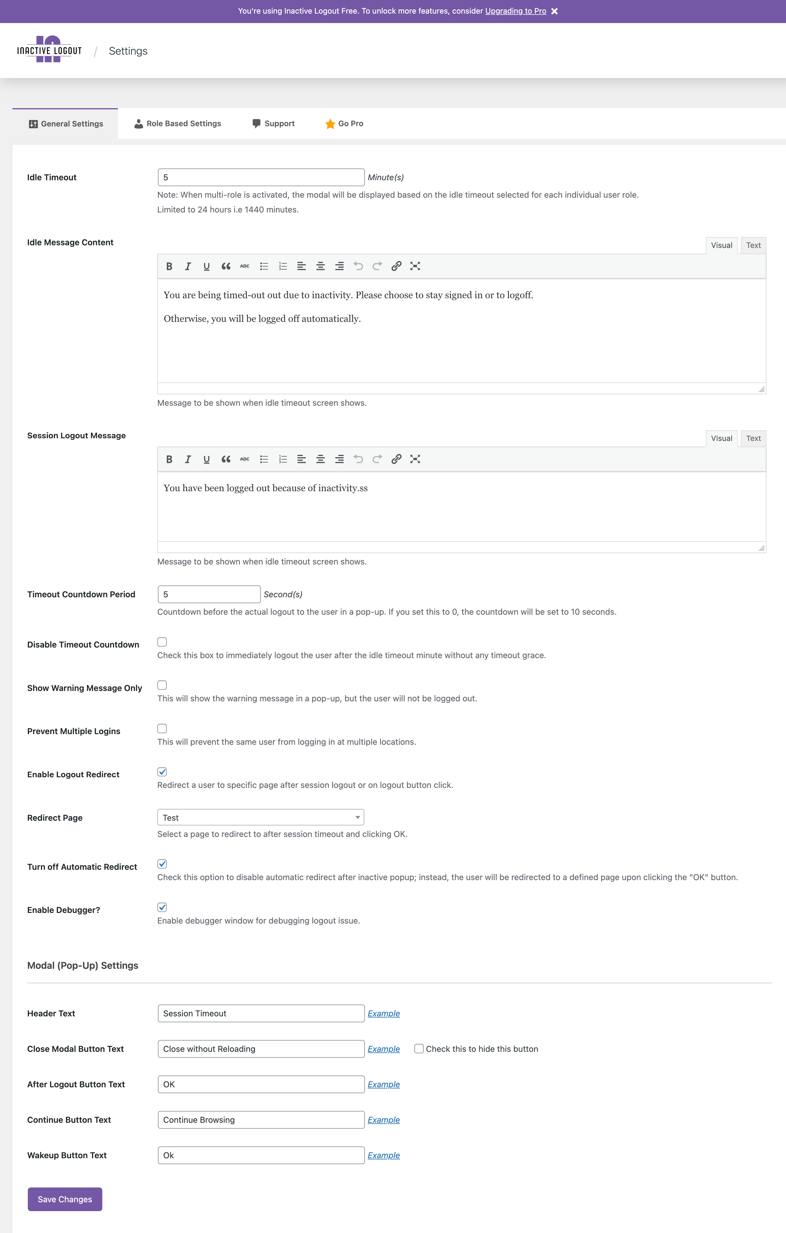 Showing Inactive Logout Settings Page.